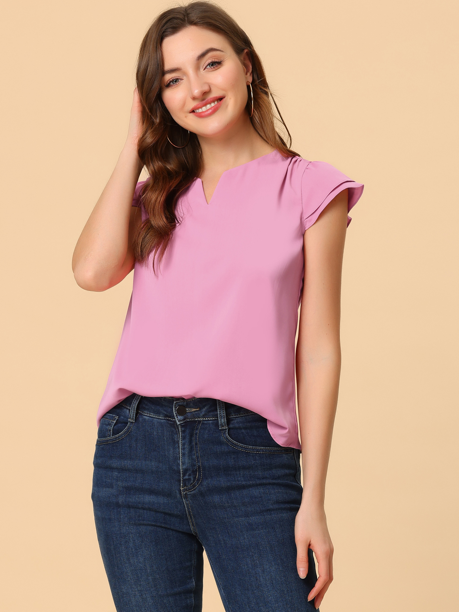 Work Business Casual Plain Cap Sleeve Blouse Top Rose Pink/M