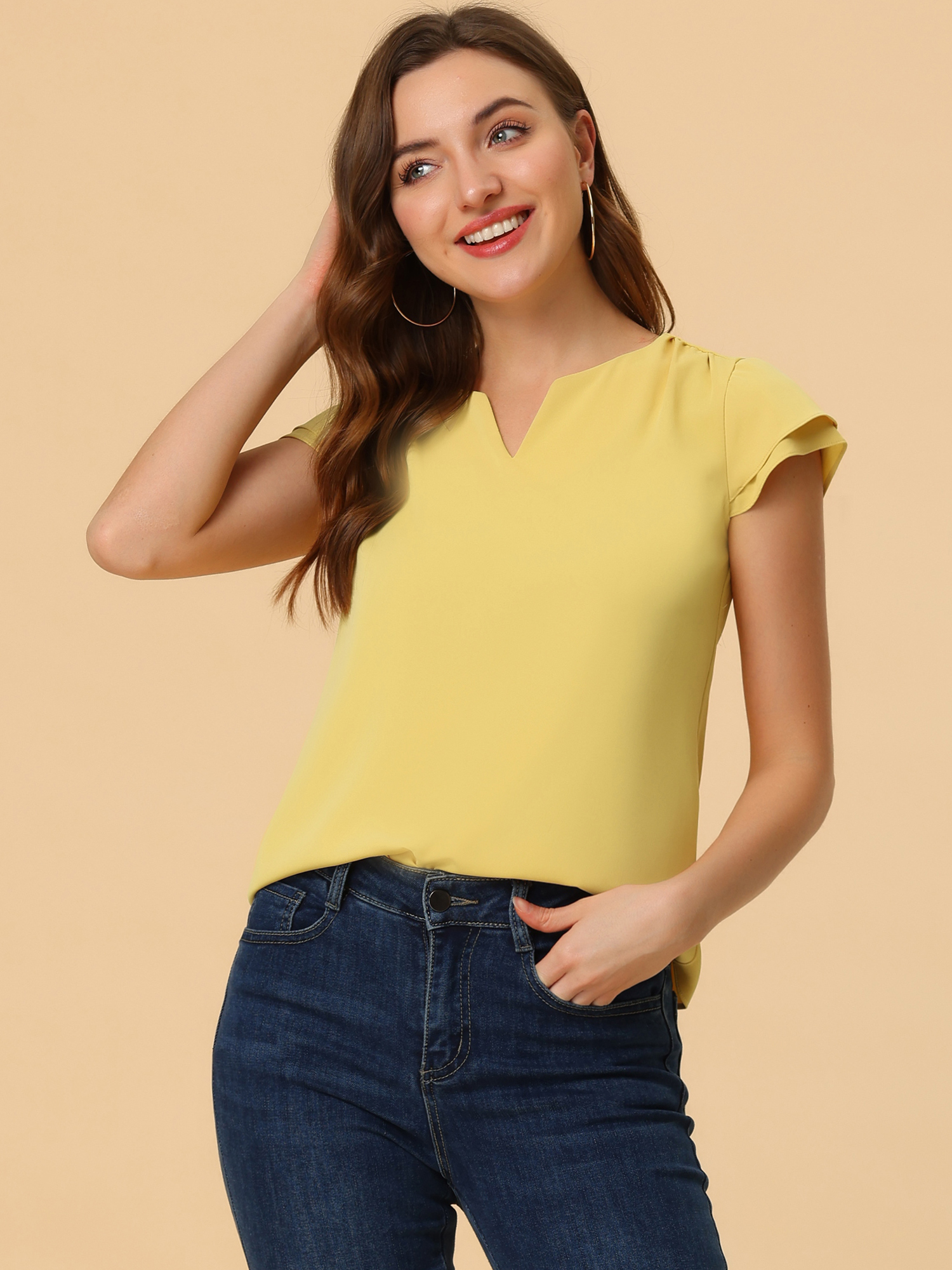 Work Business Casual Plain Cap Sleeve Blouse Top Light Yellow/S