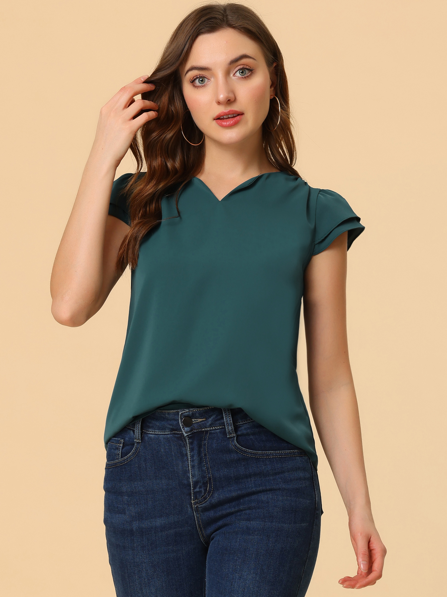 Work Business Casual Plain Cap Sleeve Blouse Top Deep Green/S