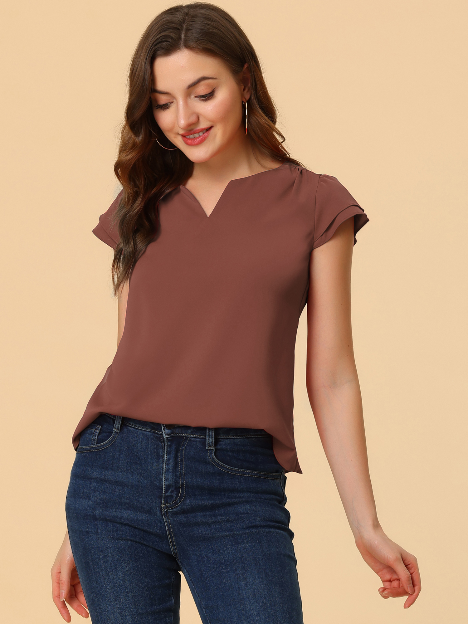 Work Business Casual Plain Cap Sleeve Blouse Top Brown/S