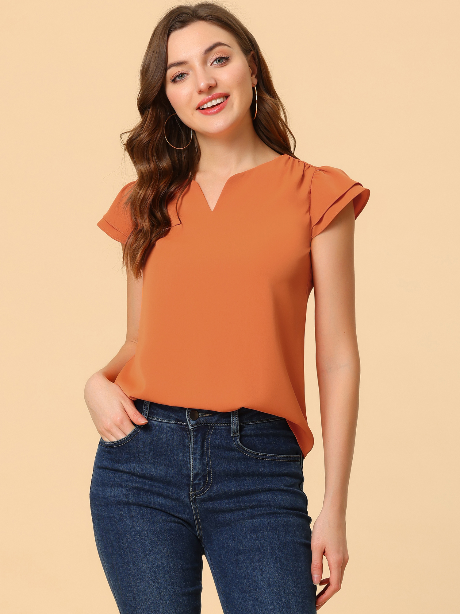Work Business Casual Plain Cap Sleeve Blouse Top Carrot/M