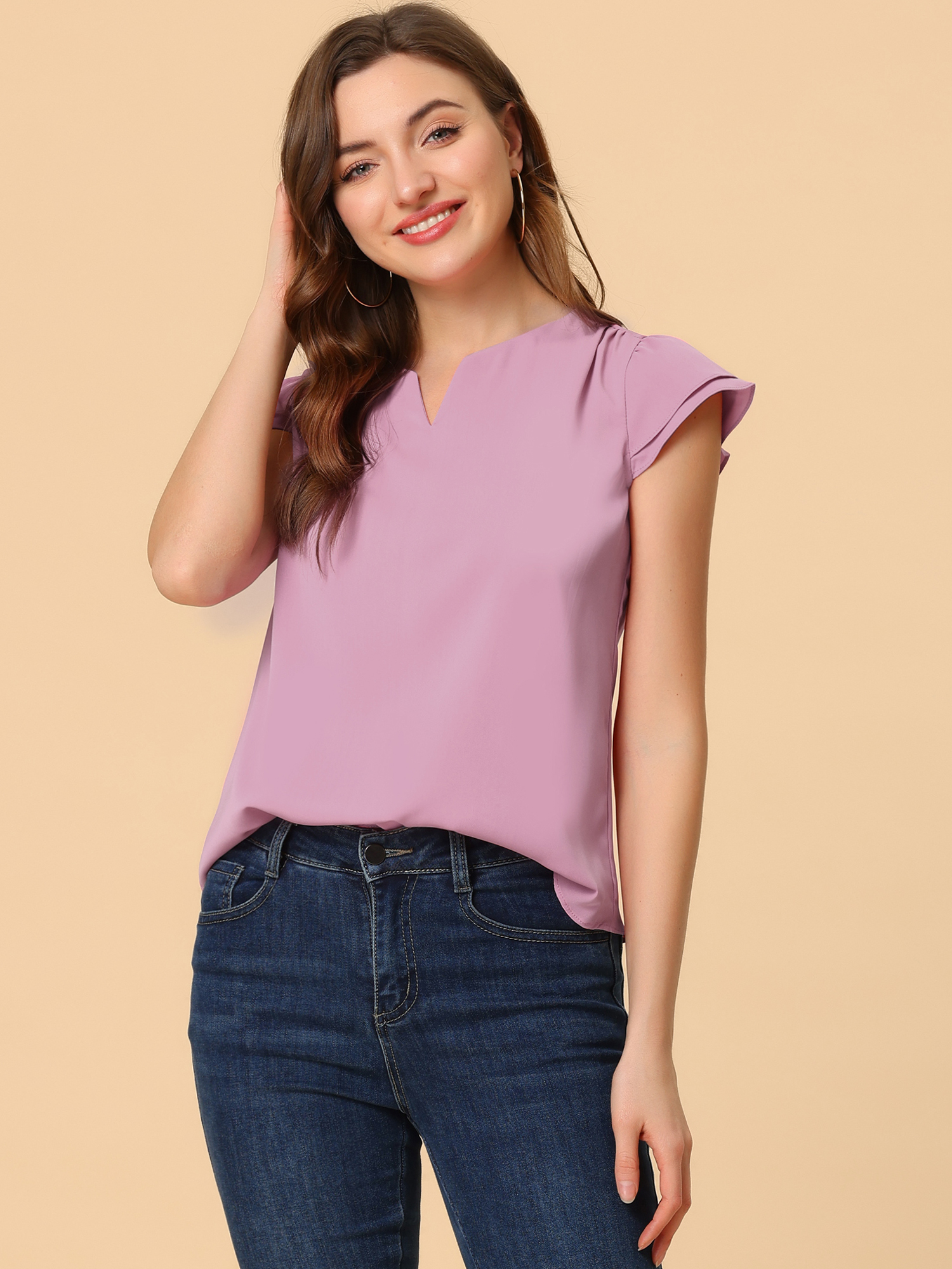 Work Business Casual Plain Cap Sleeve Blouse Top Dusty Pink/XS