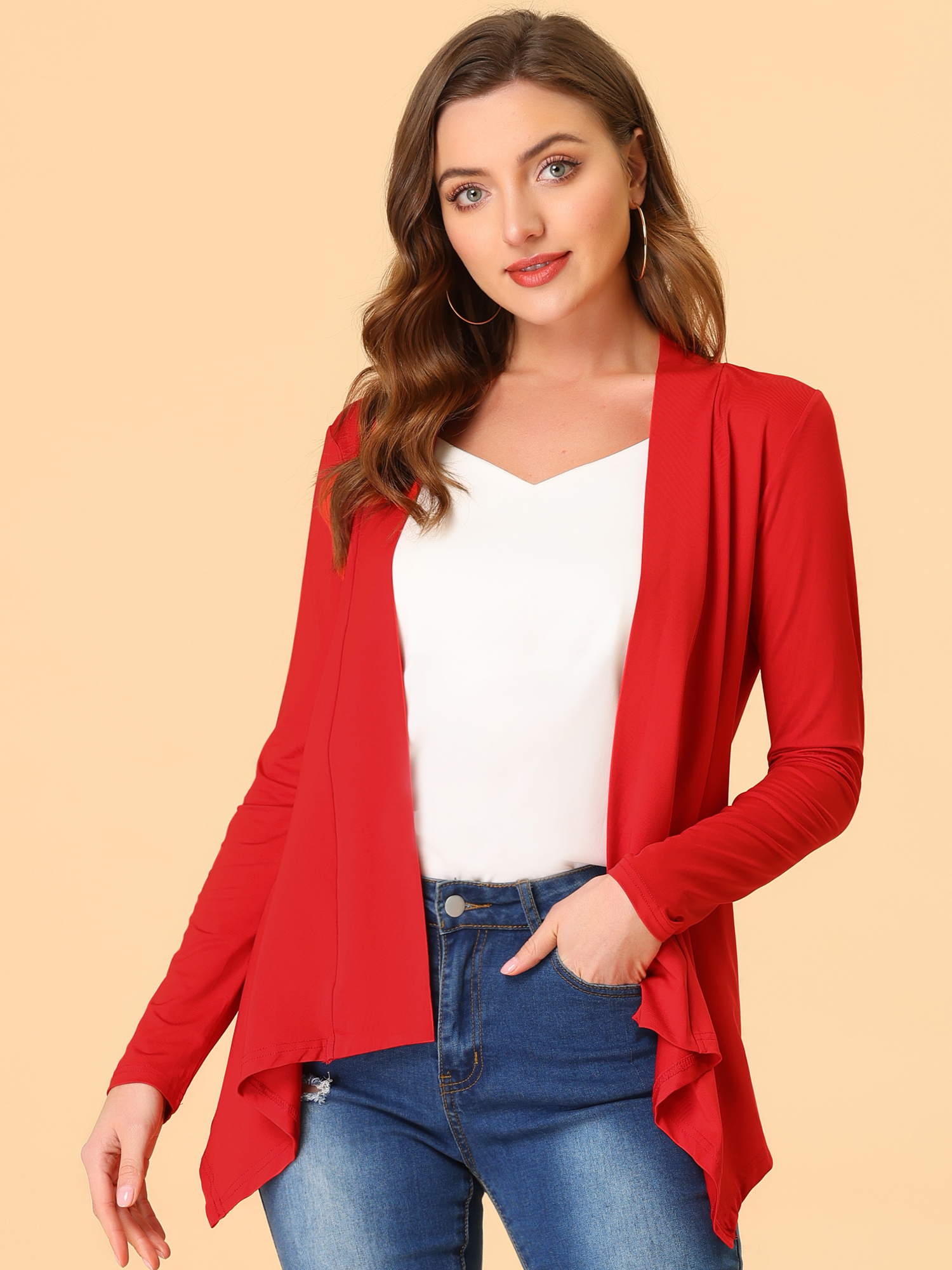 Long Sleeve Open Front Asymmetric Hem Lightweight Jacket Red Solid/M