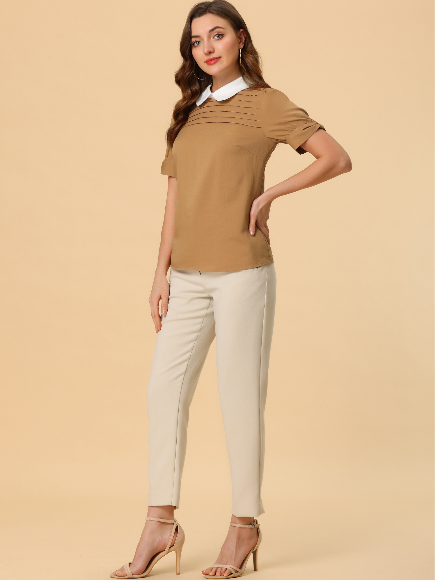 Pleated Contrast Peter Pan Collar Puff Short Sleeve Blouse Brown/XS