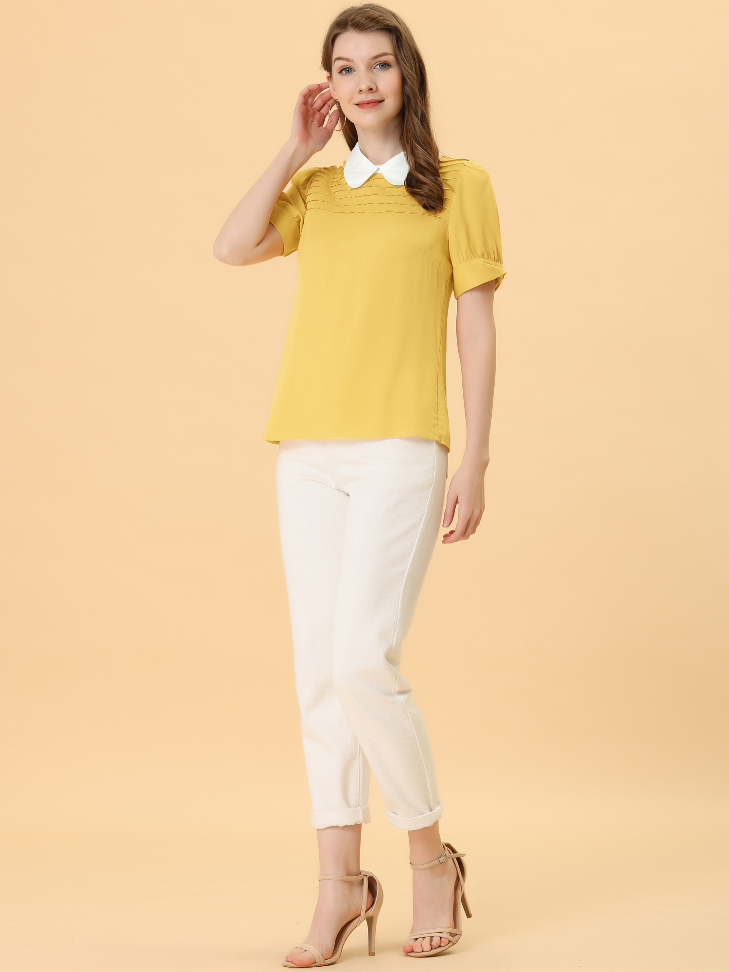 Pleated Contrast Peter Pan Collar Puff Short Sleeve Blouse Light Yellow/L