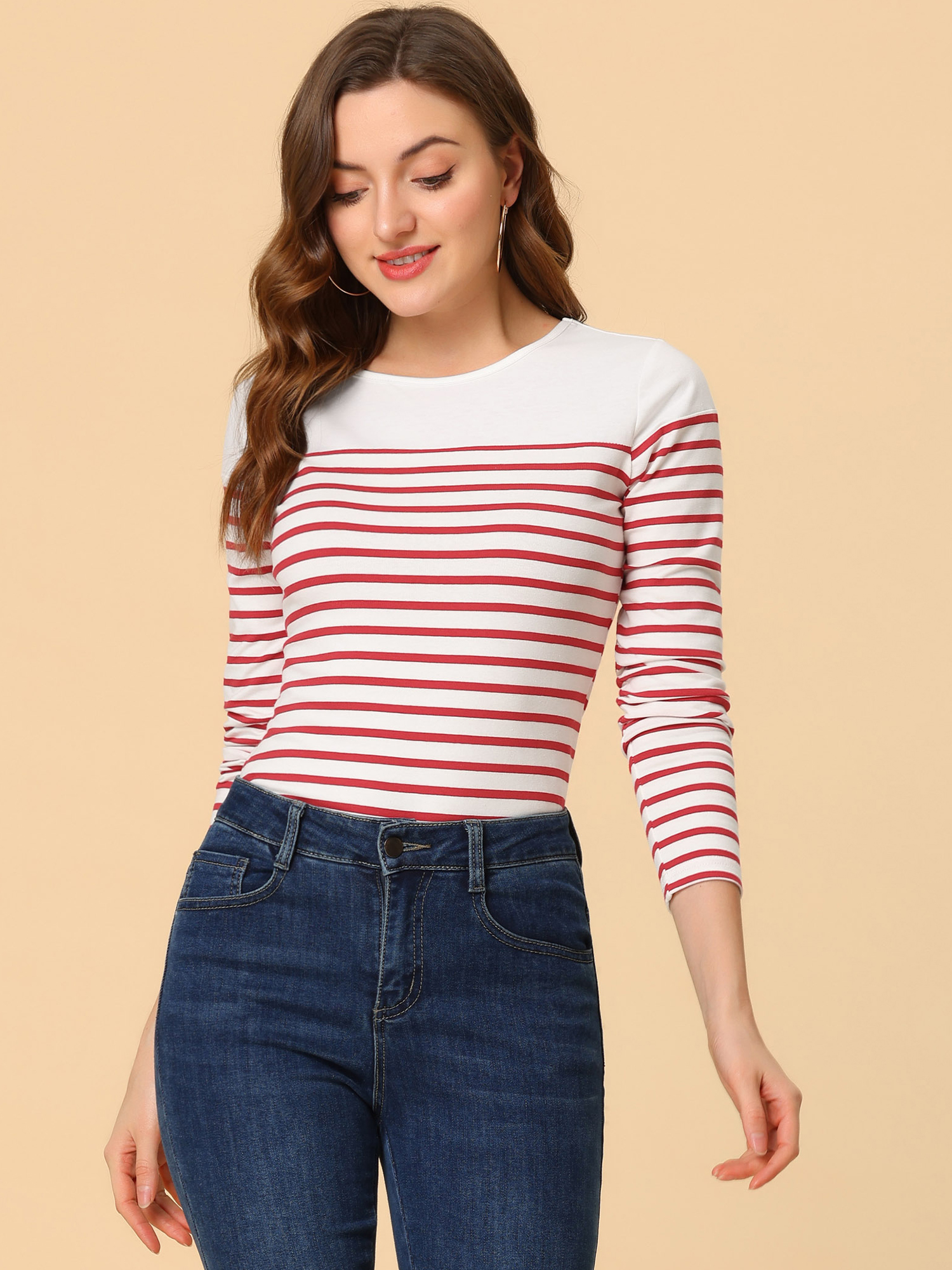 Striped Color Block Long Sleeve Round Neck T-Shirt White Red/XS