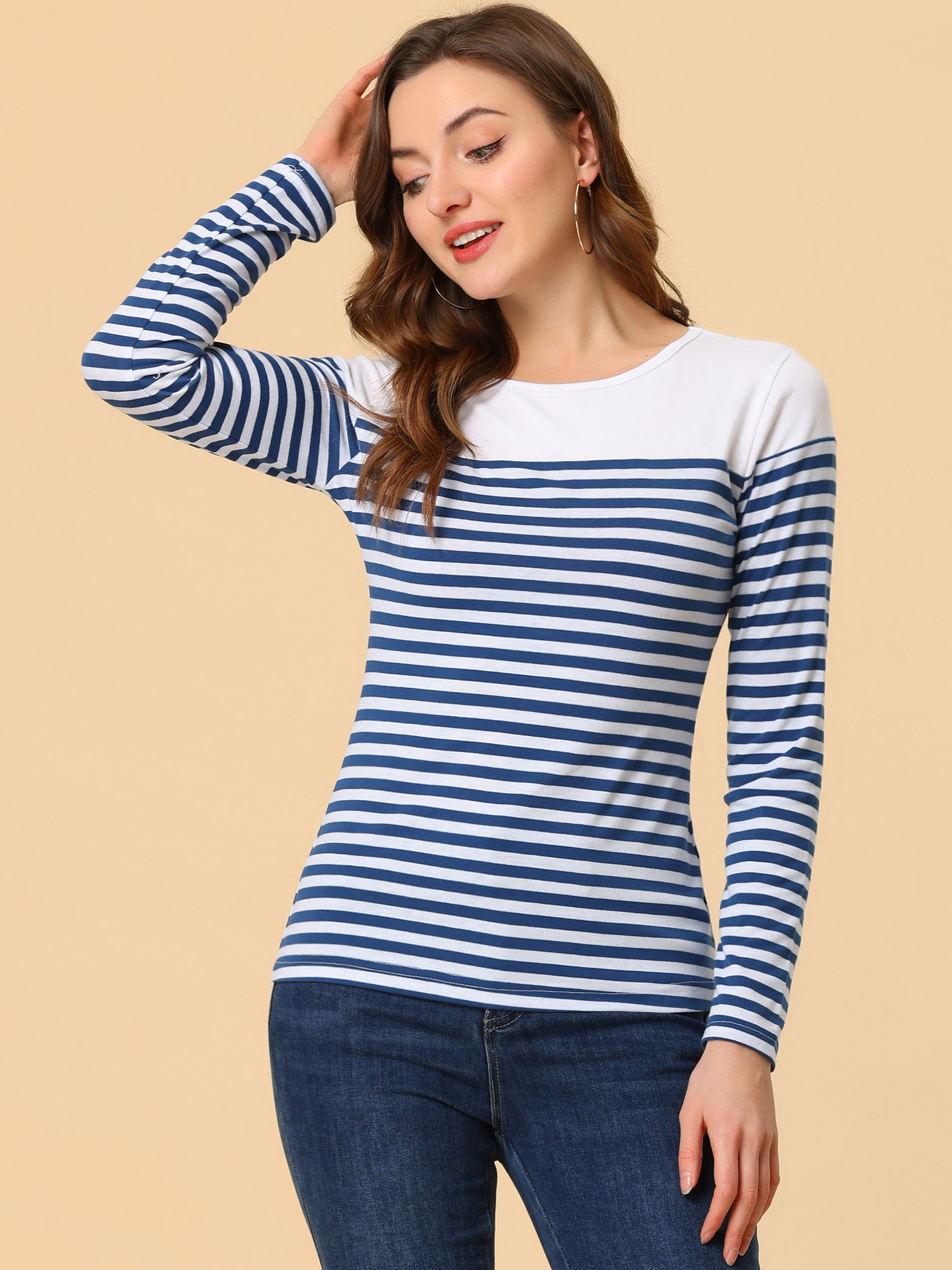 Color Block Long Sleeve Round Neck Striped T-Shirt Blue White/M