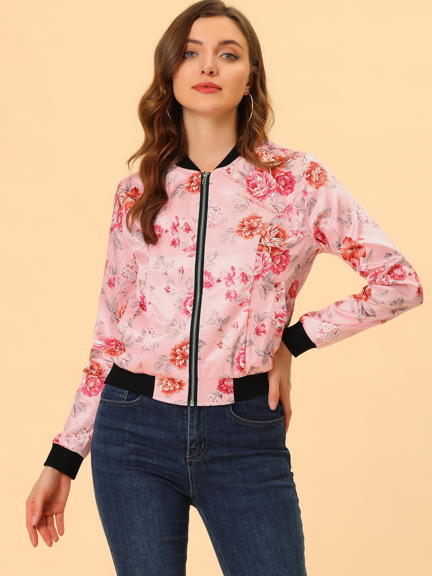 Stand Collar Zip Up Floral Print Bomber Jacket Pink/M