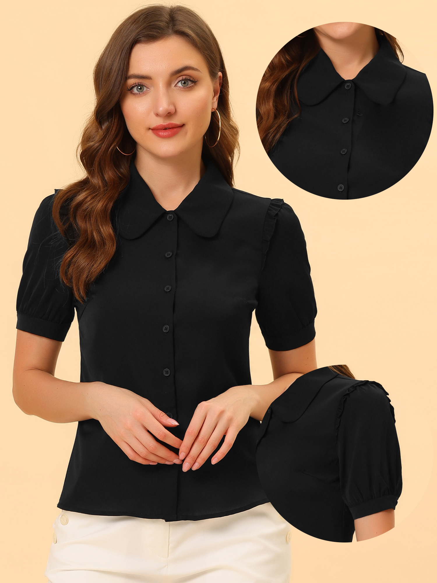 Work Collared Peter Pan Collar Short Sleeve Button Front Shirt Black/L