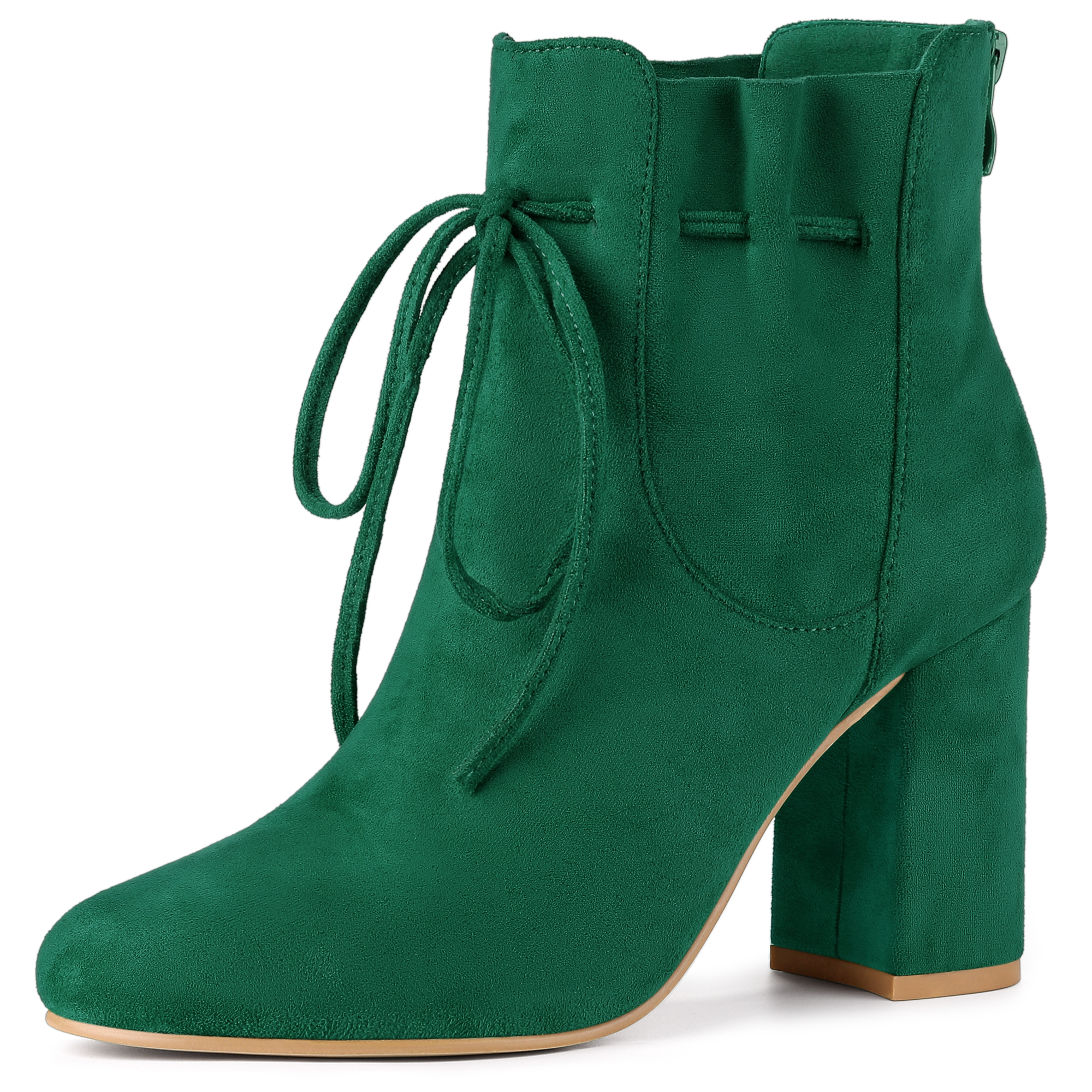 Lace Up Round Toe Drawstring Block Heel Ankle Boots Green/6.5