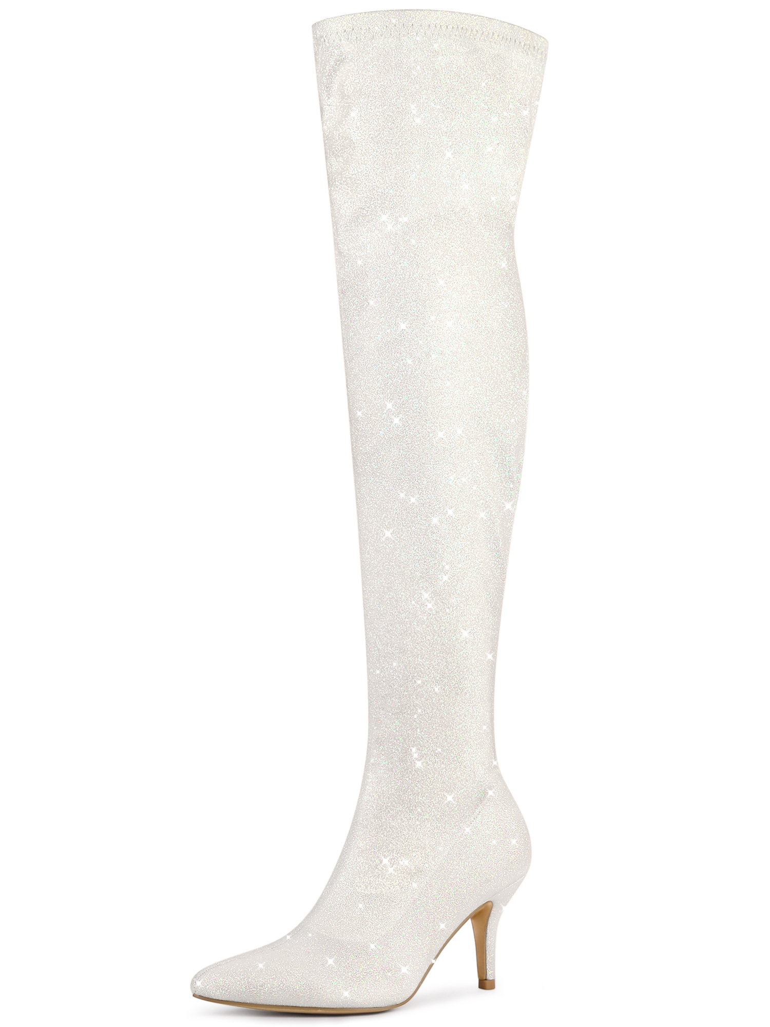 Glitter Pointed Toe Stiletto Heel Over the Knee High Boots White/7