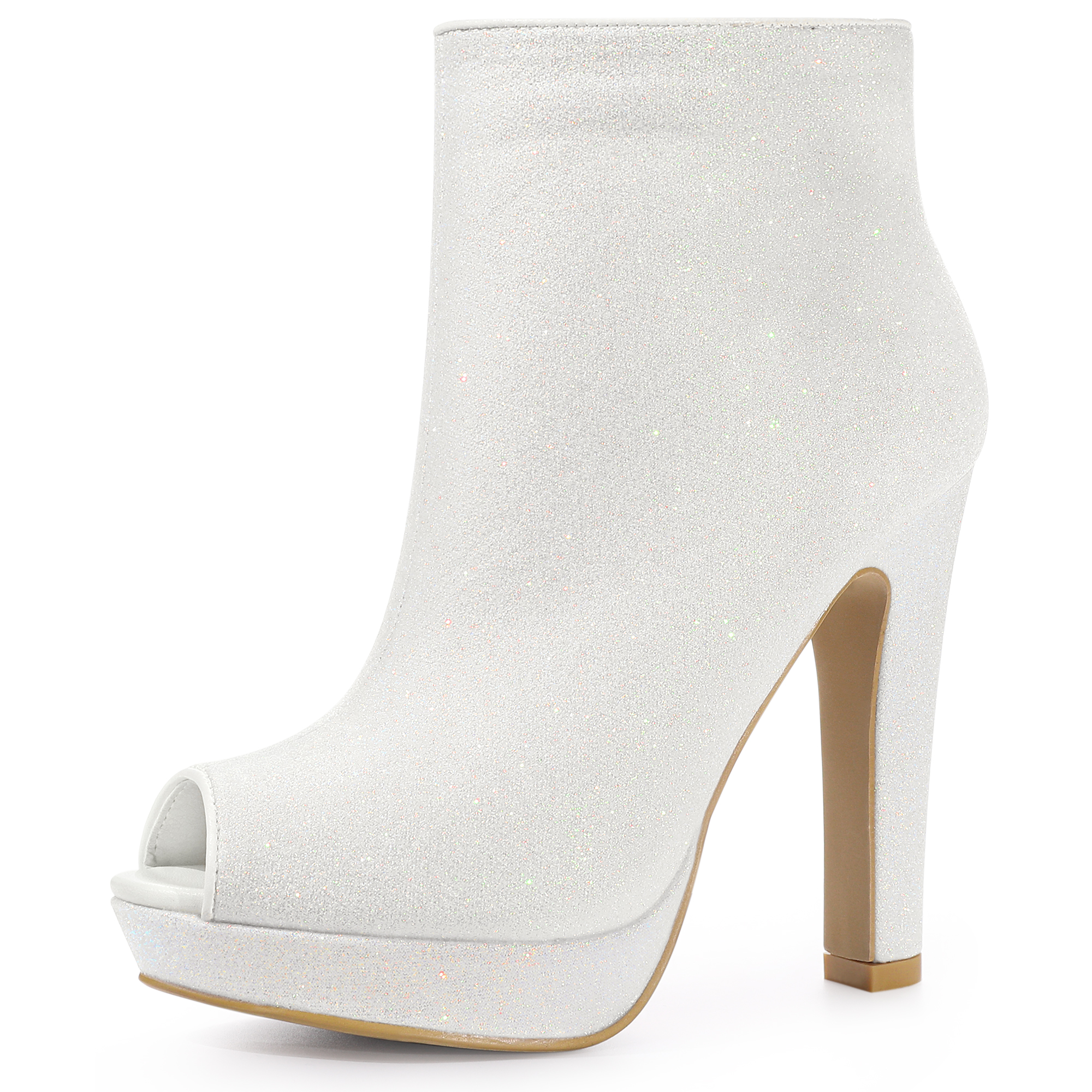 Glitter Platform Chunky Heel Open Toe Heel Ankle Boots White/7.5