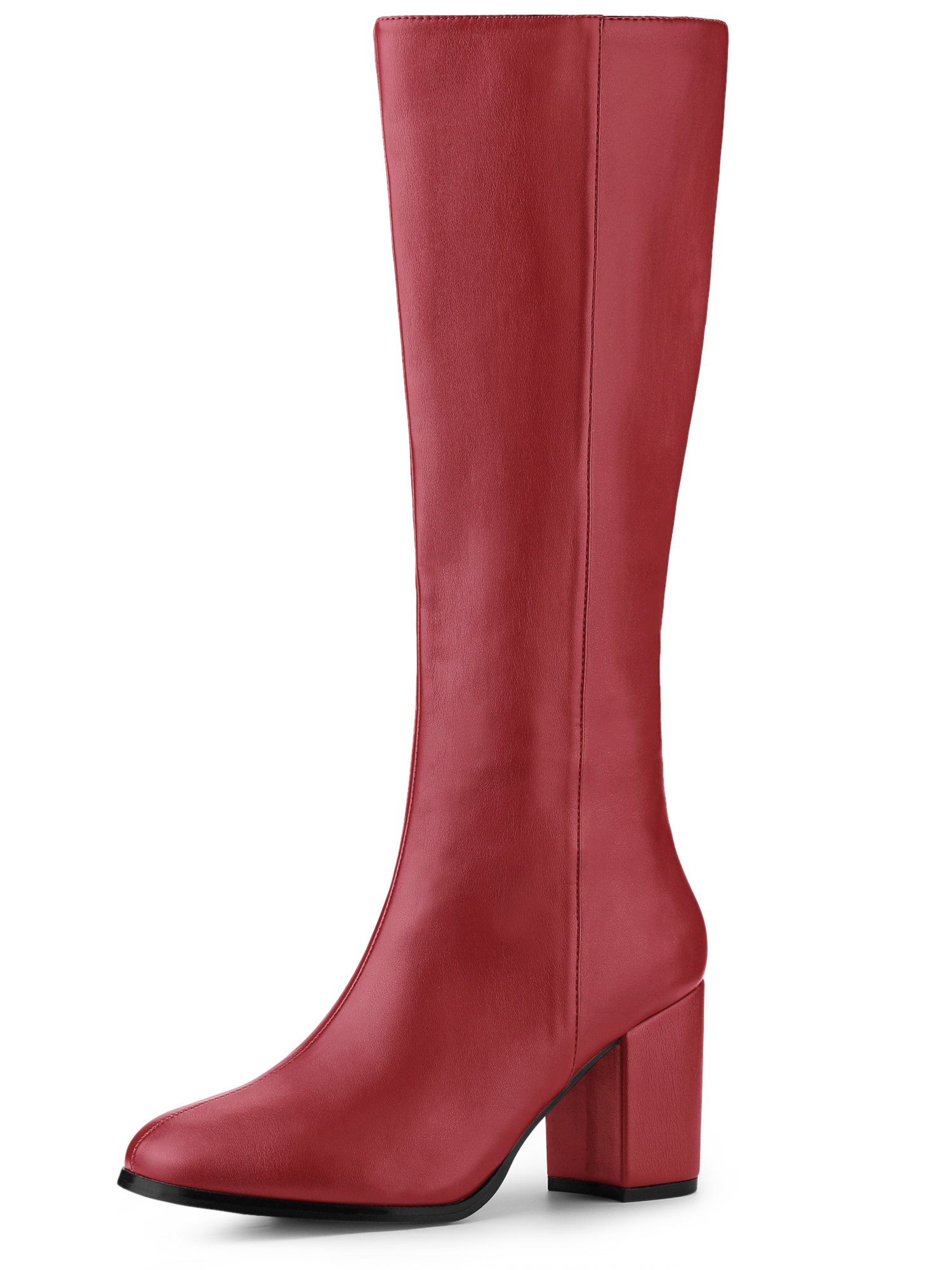 Round Toe Zip Block Heel Knee High Boots Red/6