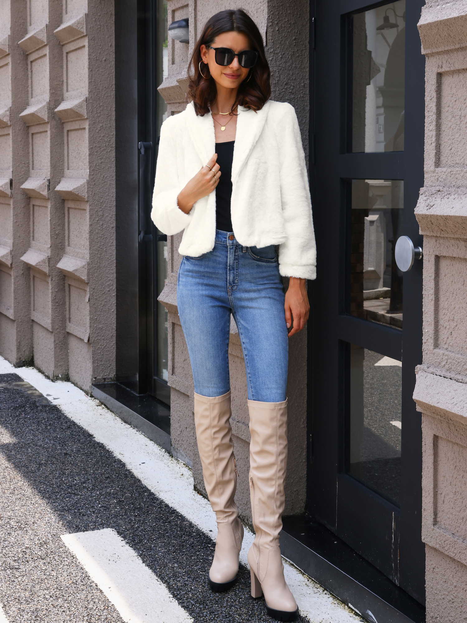 Winter Cropped Jacket Lapel Long Sleeve Faux Fur Fluffy Coat White/XL