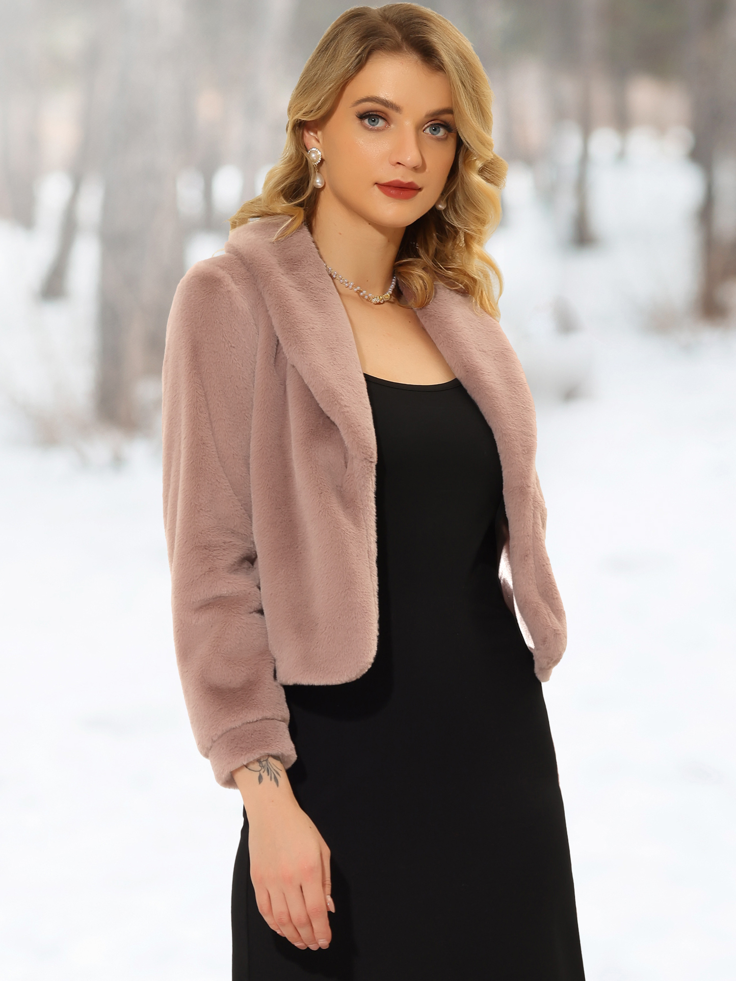 Winter Cropped Jacket Lapel Long Sleeve Faux Fur Fluffy Coat Dusty Pink/XL