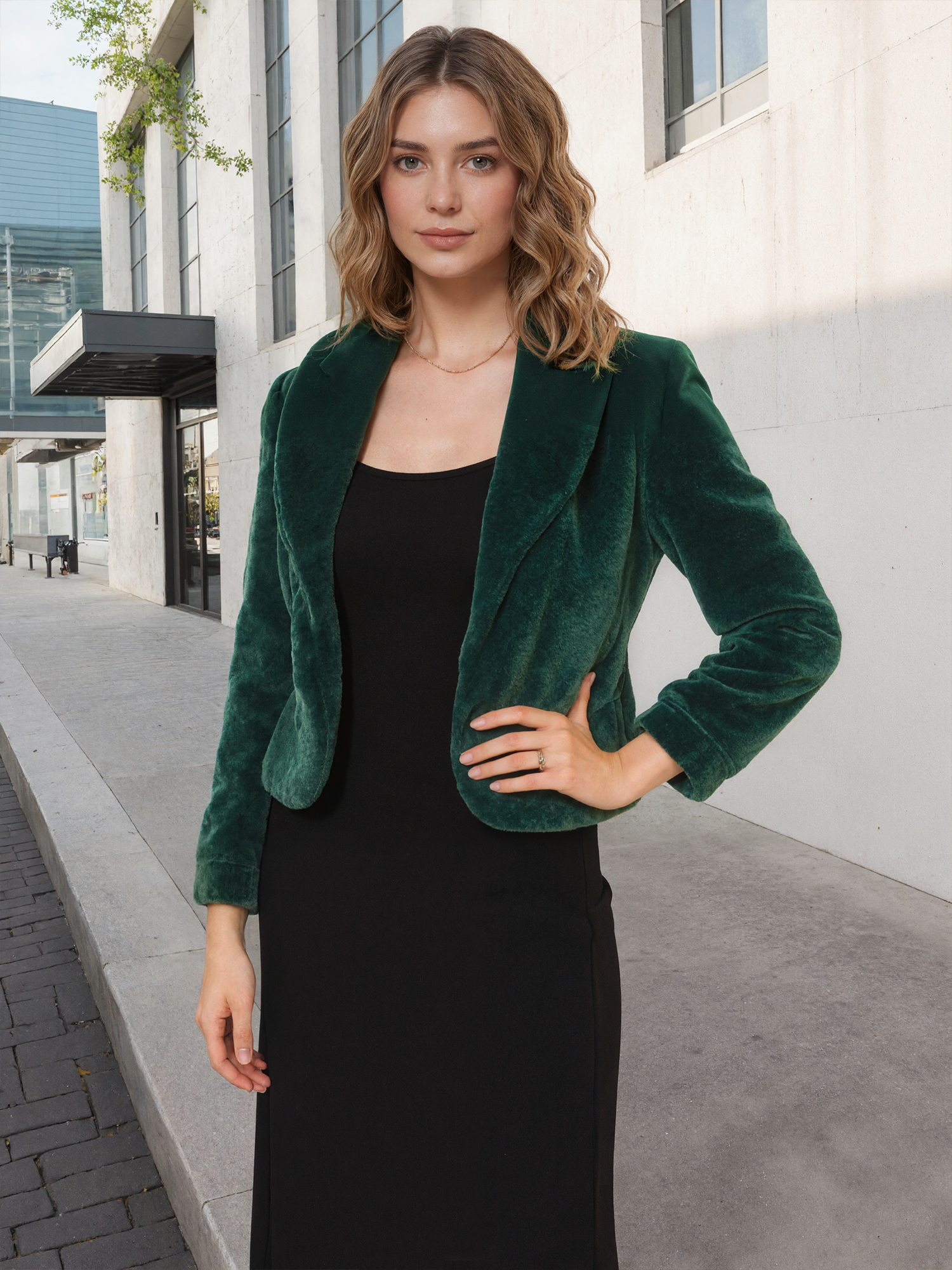 Winter Cropped Jacket Lapel Long Sleeve Faux Fur Fluffy Coat Green/XL