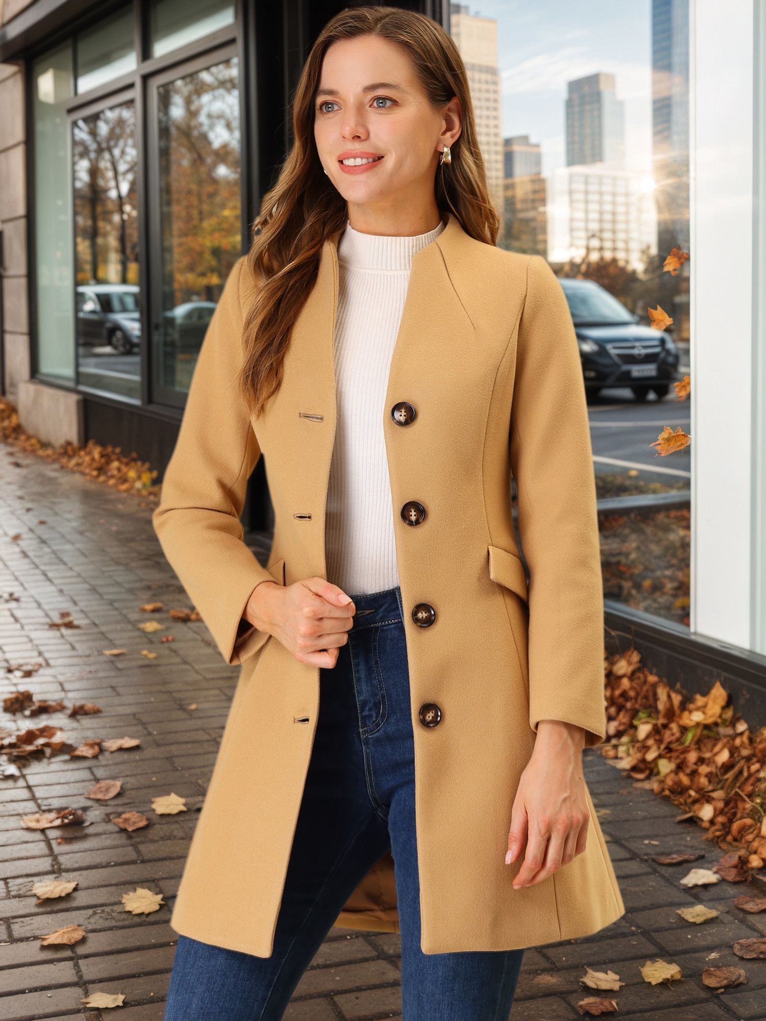 Elegant Winter Overcoat V Neck Single Breasted Long Coat Khaki/S