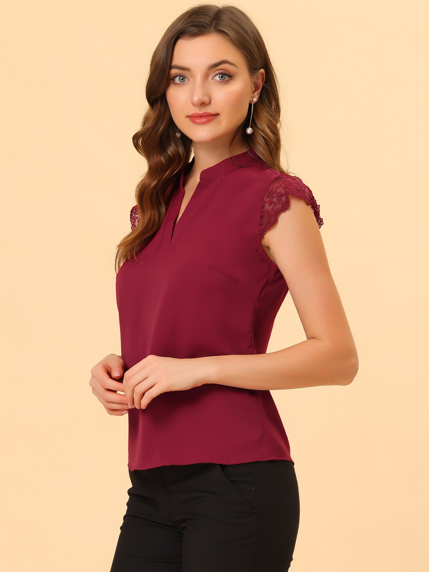 Work Top Office Lace Cap Sleeve Basic Shirt Blouse Red/XS