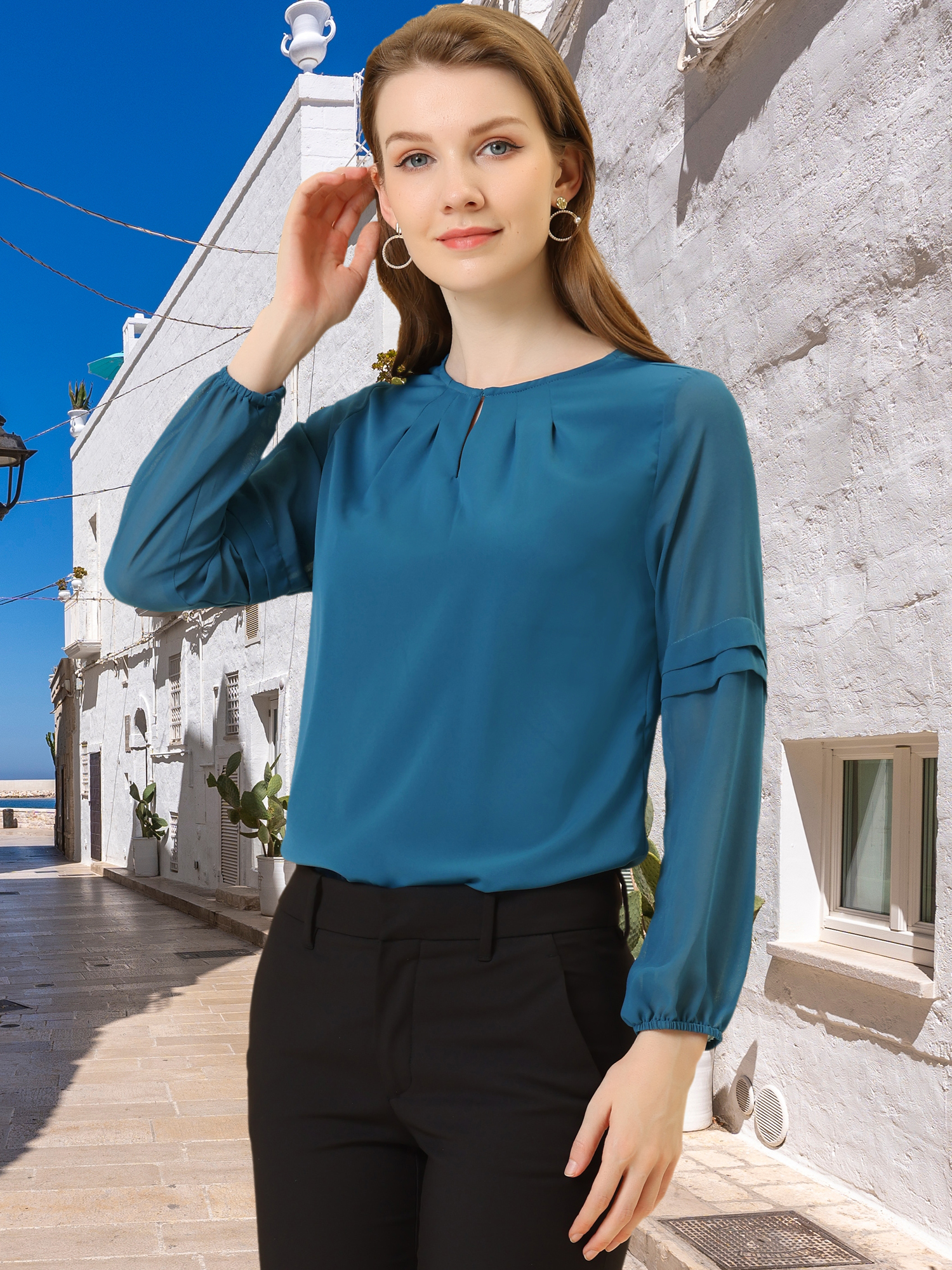 Chiffon Shirt Semi Sheer Keyhole Neck Elegant Work Blouse Lake Blue/XS