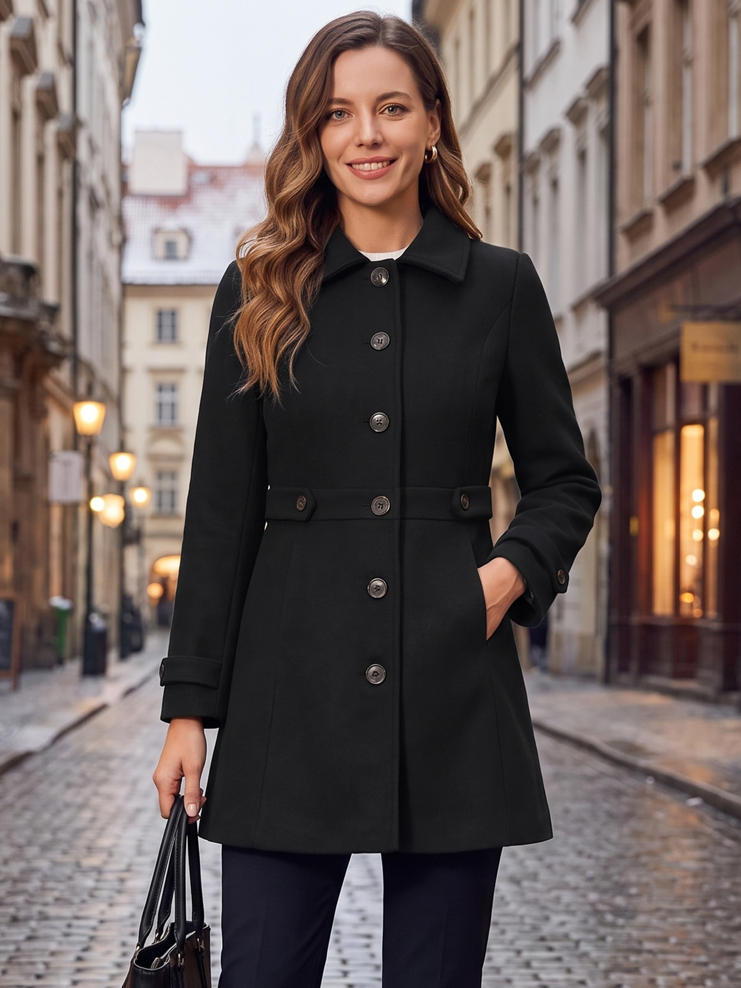 Winter Classic Outwear Overcoat with Pockets Single Breasted Coat Black/XL