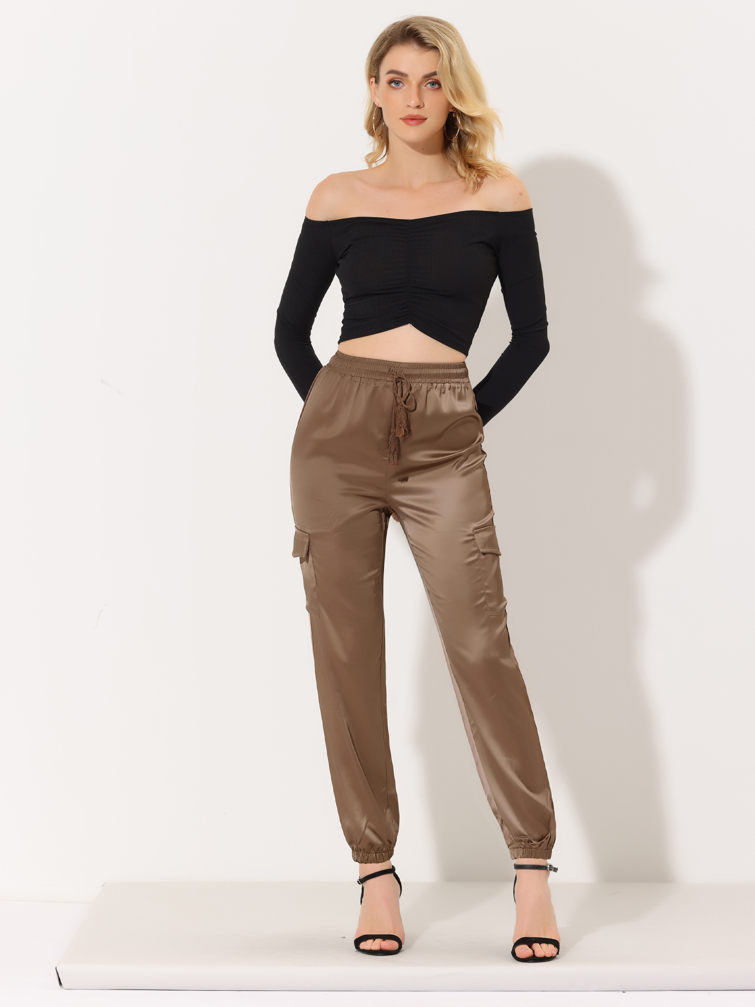 Women's Satin Joggers Drawstring Elastic High Waist Silky Satin Cargo Pants Tan/S