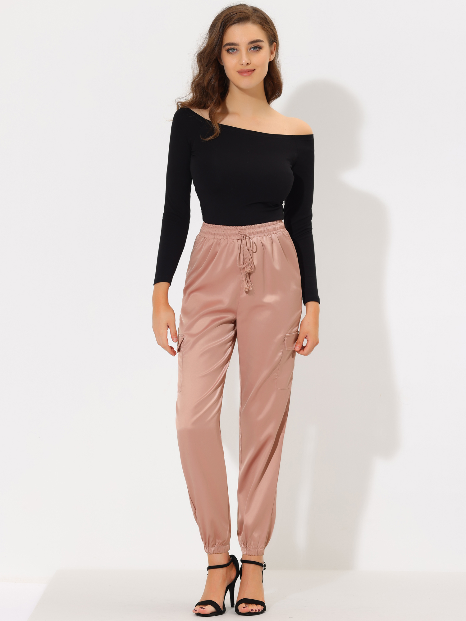 Women's Satin Joggers Drawstring Elastic High Waist Silky Satin Cargo Pants Gray-Pink/L