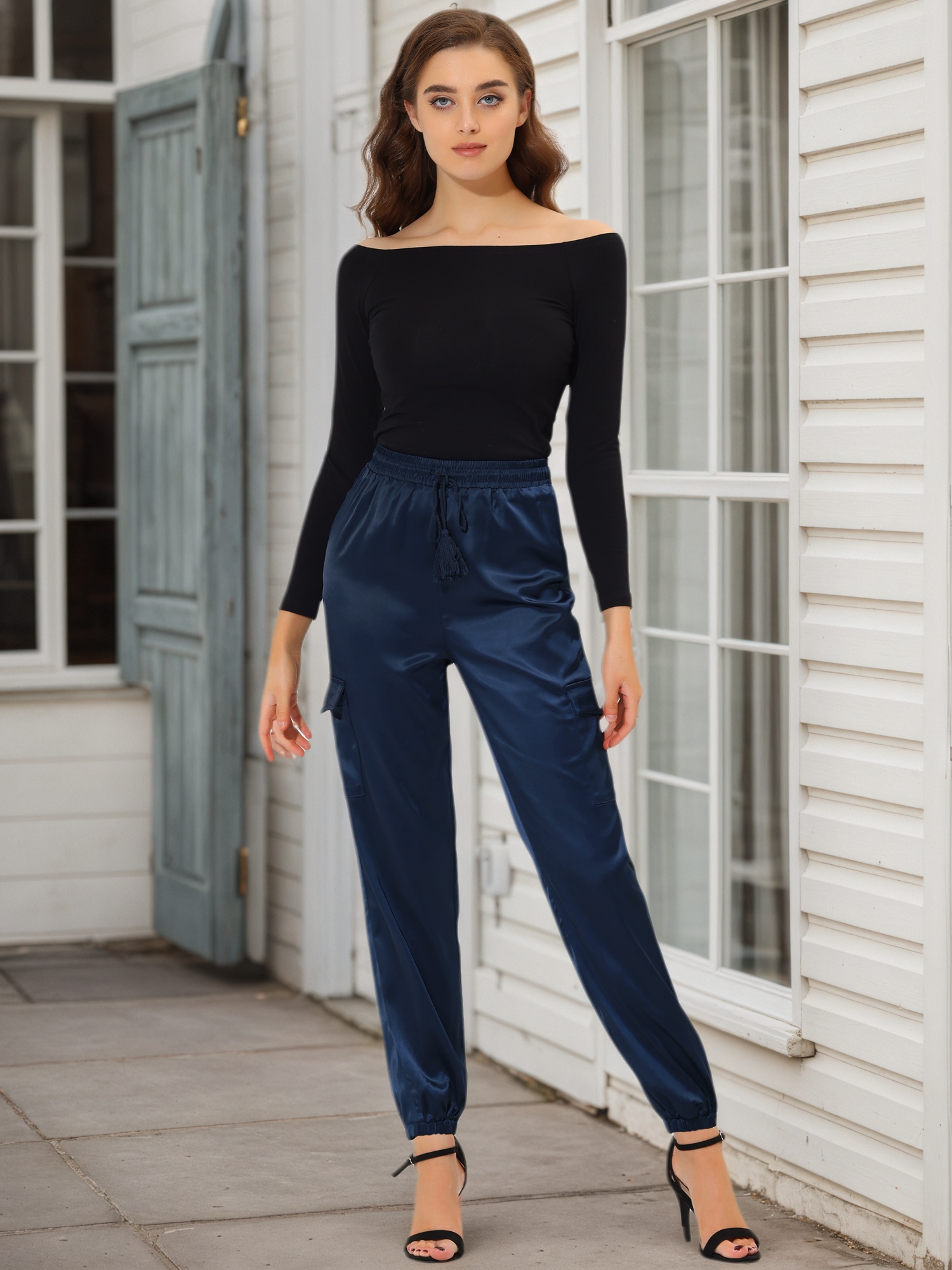 Women's Satin Joggers Drawstring Elastic High Waist Silky Satin Cargo Pants Royal Blue/S