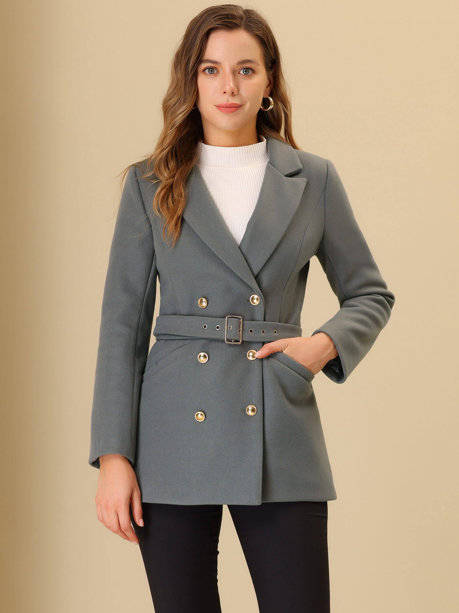 Double Breasted Coat Jacket Work Office Winter Lapel Blazer Grey/L