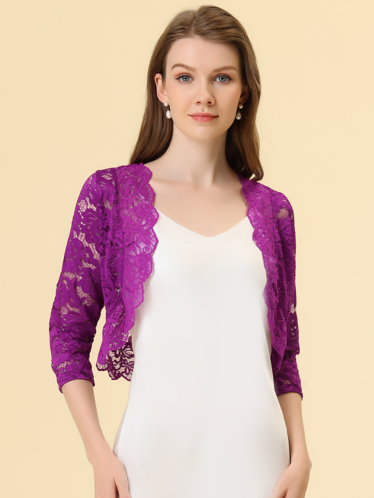 Lace 3/4 Sleeves Sheer Floral Cropped Bolero Shrug Rose Purple/XL