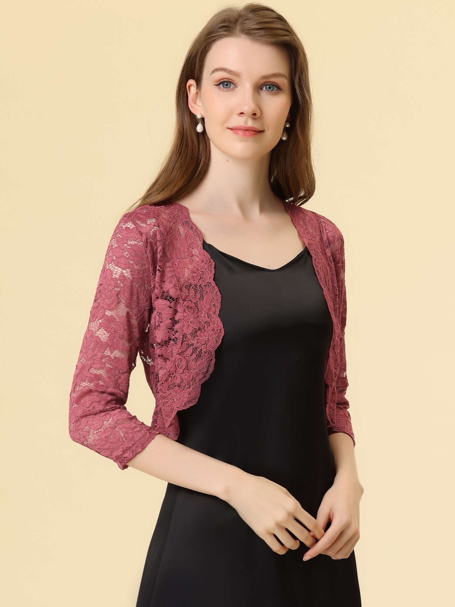 Sheer Floral Elegant 3/4 Sleeve Lace Shrug Brick Red/XS