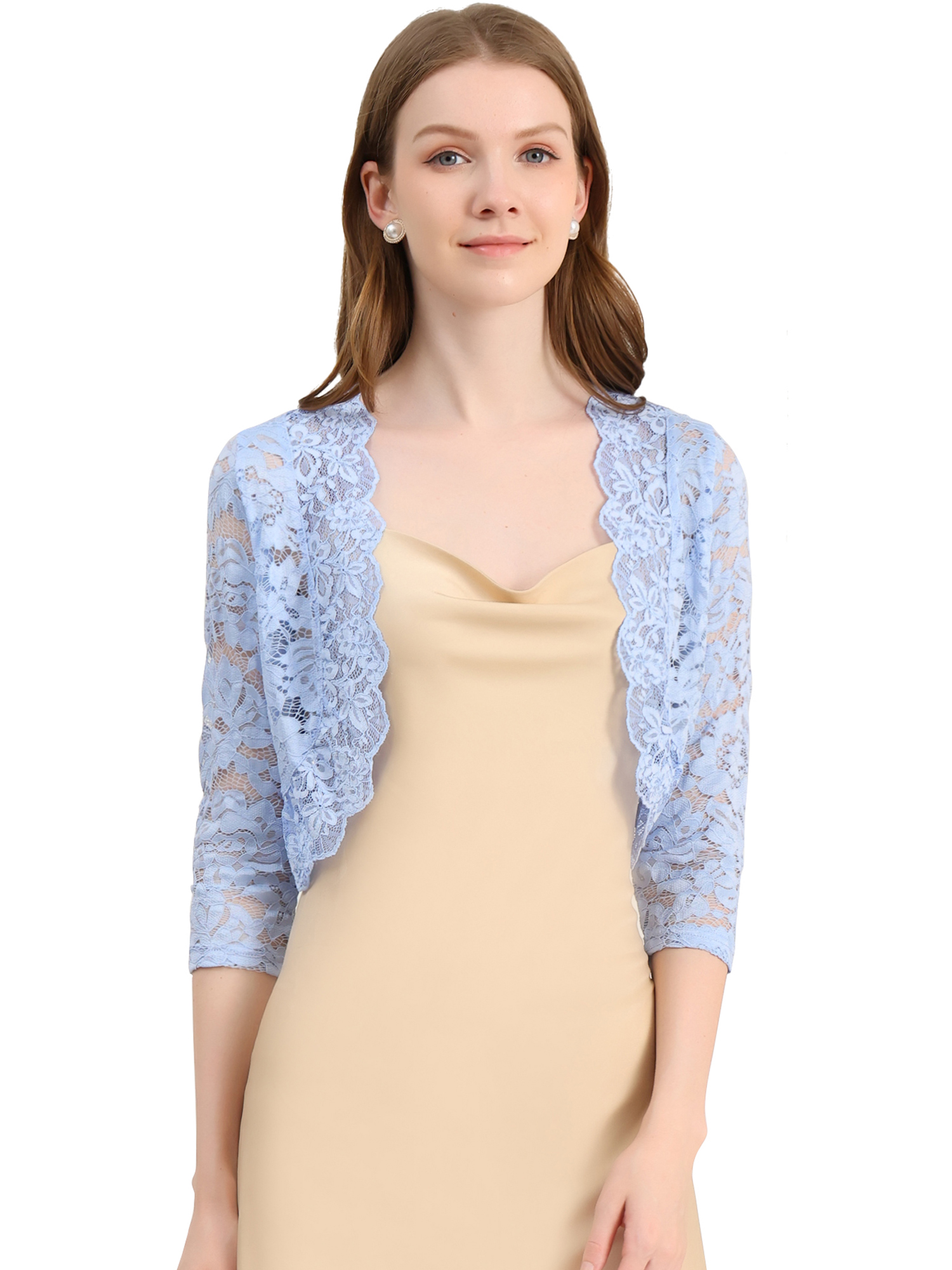 Lace 3/4 Sleeves Sheer Floral Cropped Bolero Shrug Night Blue/XS