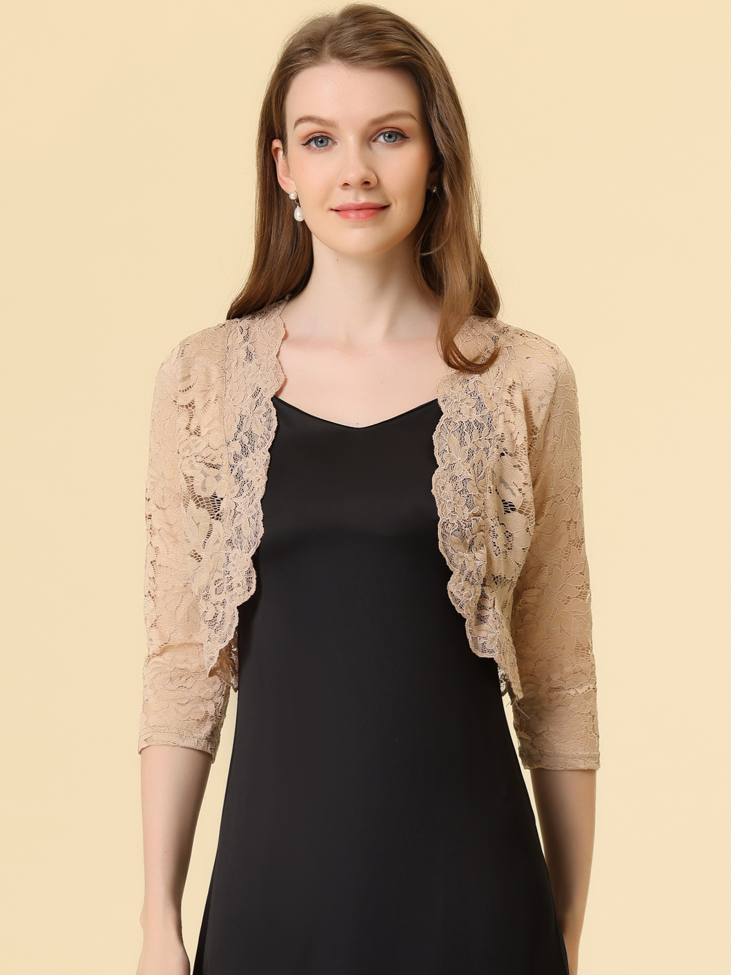 Sheer Floral Elegant 3/4 Sleeve Lace Shrug Khaki/S