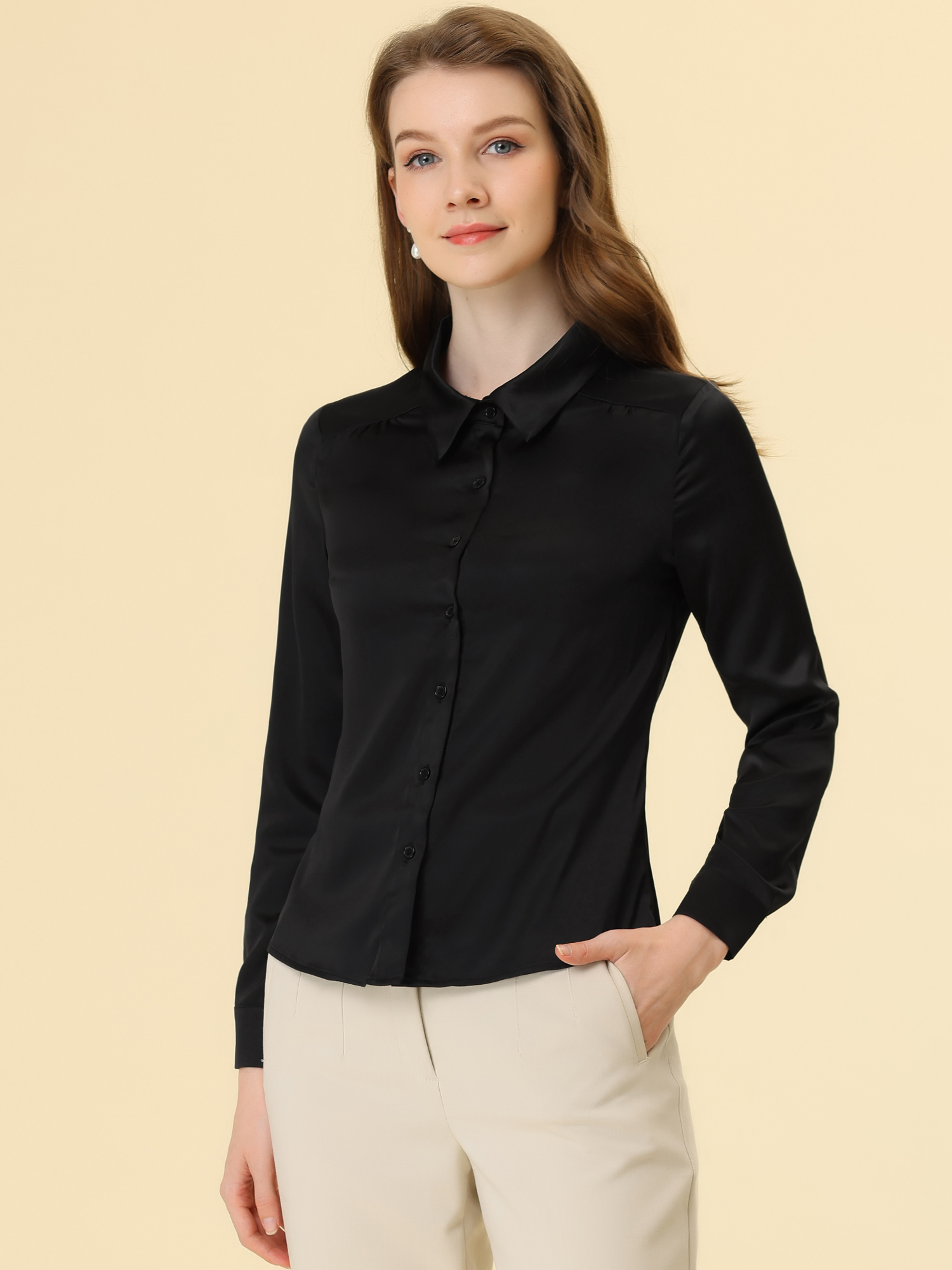 Bow Tie Blouse Long Sleeve Chiffon Satin Top Black/L