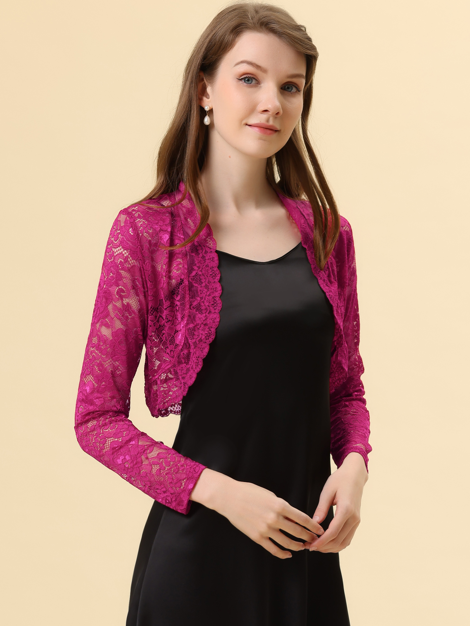 Elegant Sheer Floral Lace Cropped Bolero Shrugs Fuchsia/XS