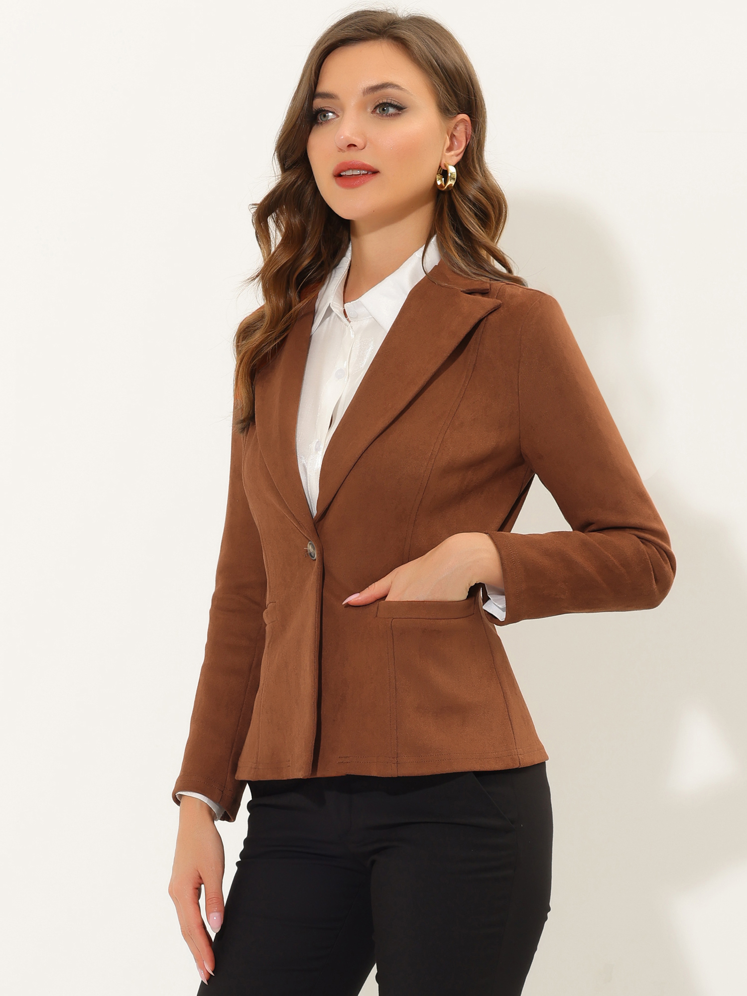Faux Suede Lapel Collar Long Sleeve Casual Work Office Jacket Caramel/S