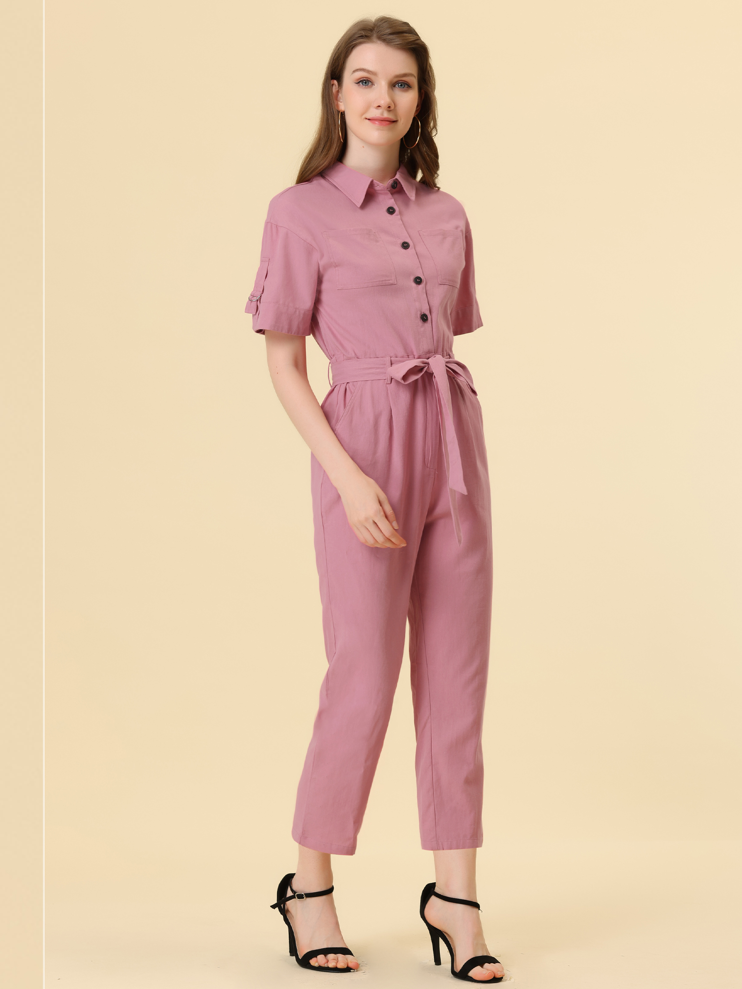 Short Sleeve Button Down Belted Tie Waist Cotton Cargo Jumpsuit Pink/XL