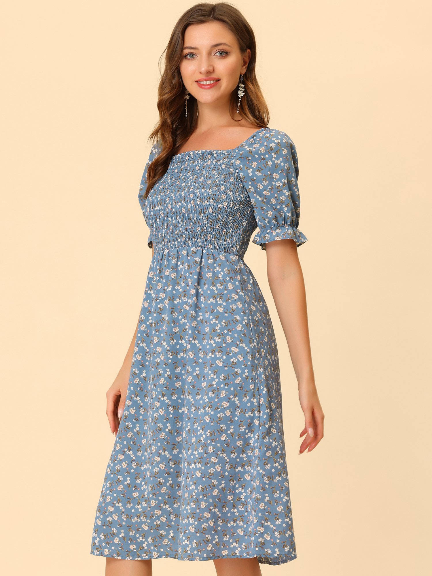 Square Neck Puff Sleeve Shirred Floral Casual Midi Dress Dusty Blue/XL