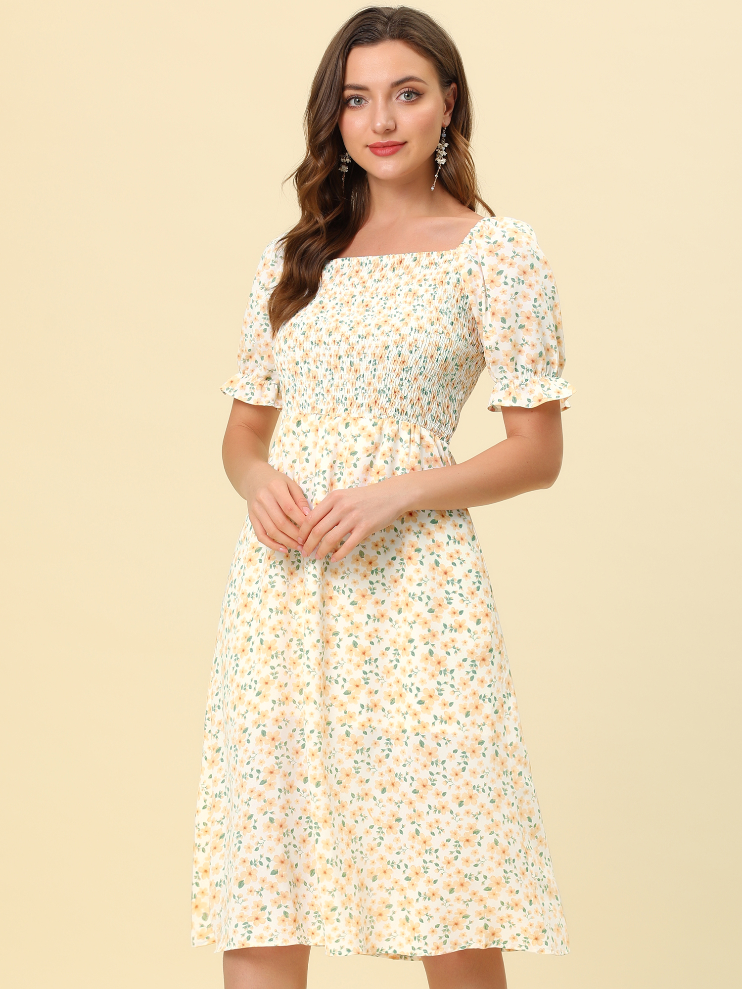 Square Neck Puff Sleeve Shirred Floral Casual Midi Dress Orange/XL