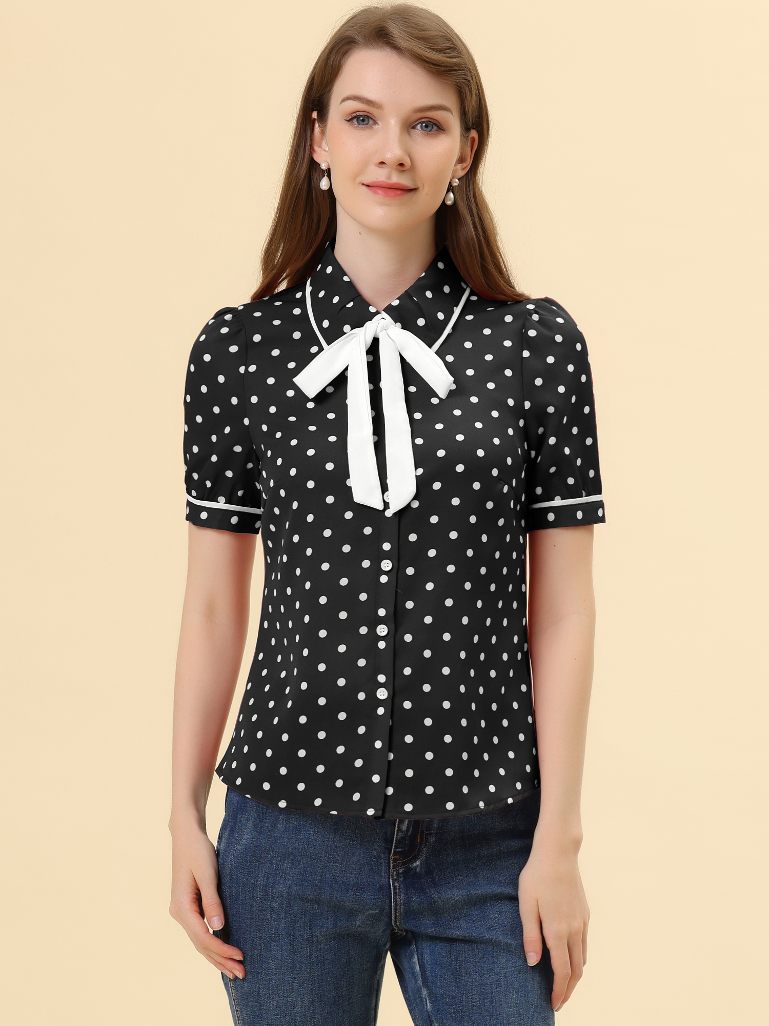 Polka Dot Peter Pan Collar Bow Tie Neck Puff Sleeve Vintage Shirt Black/M