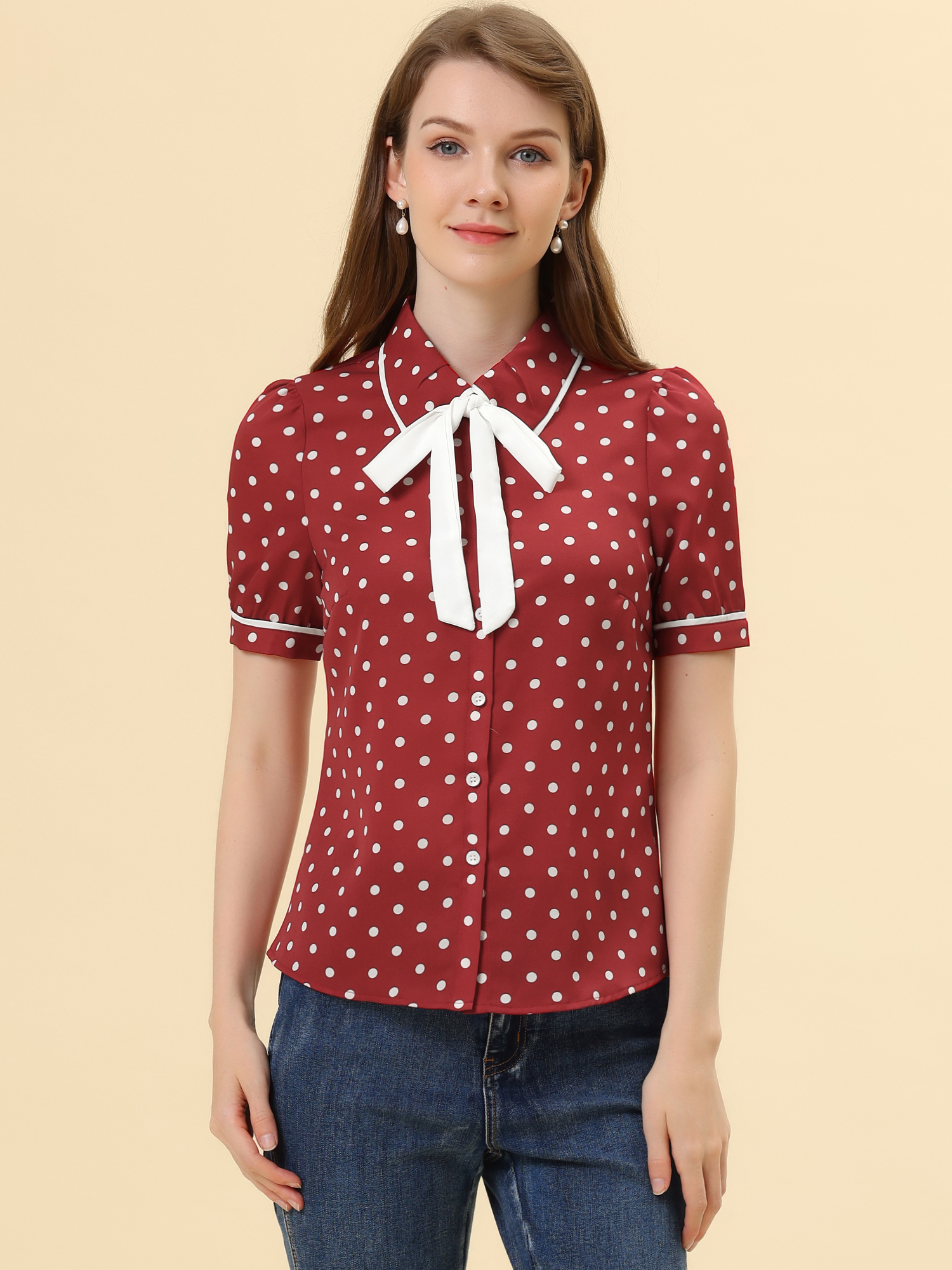 Polka Dot Peter Pan Collar Bow Tie Neck Puff Sleeve Vintage Shirt Burgundy/M