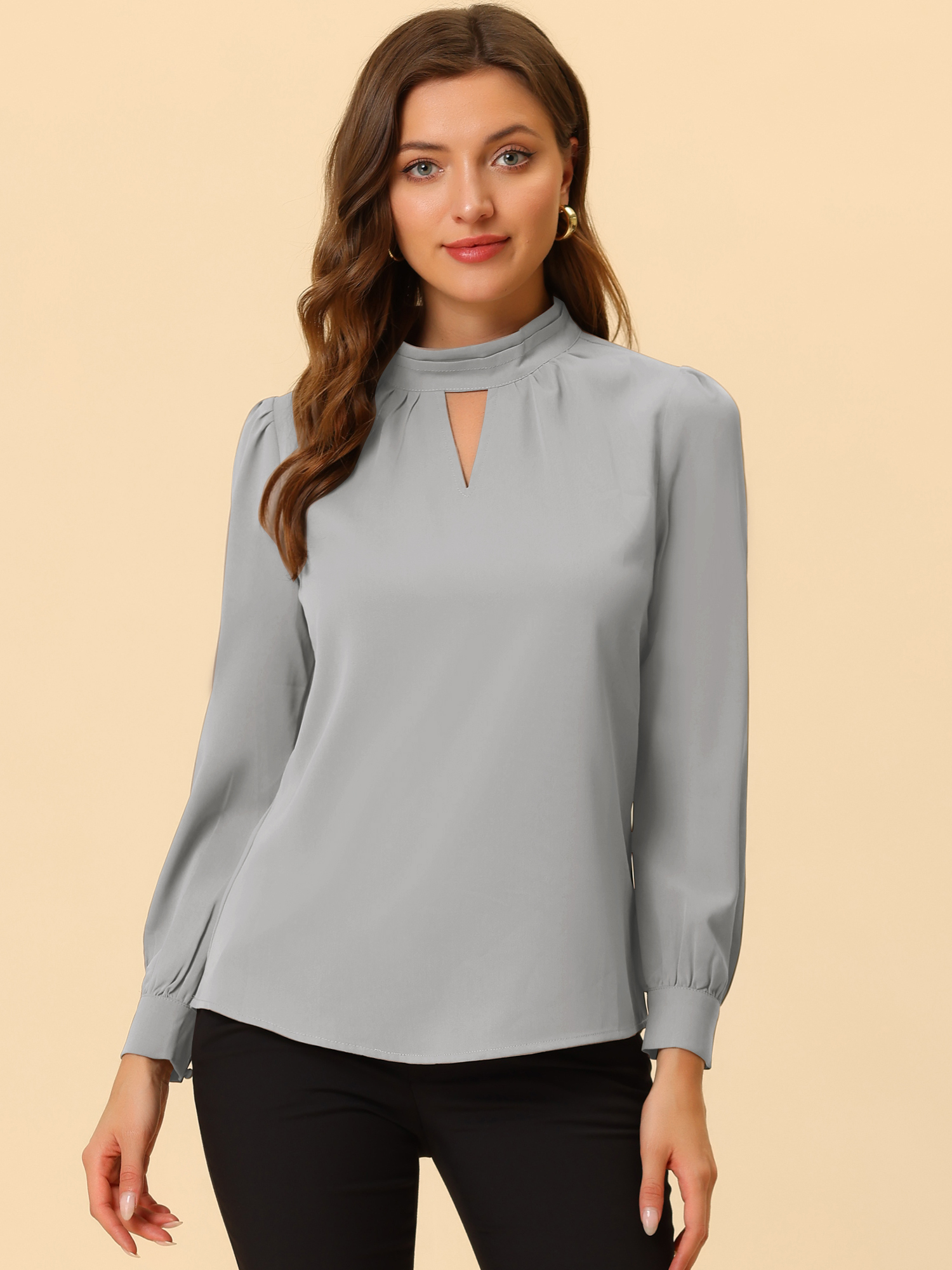 Work Keyhole Shirt Stand Collar Long Sleeve Chiffon Blouse Grey/M