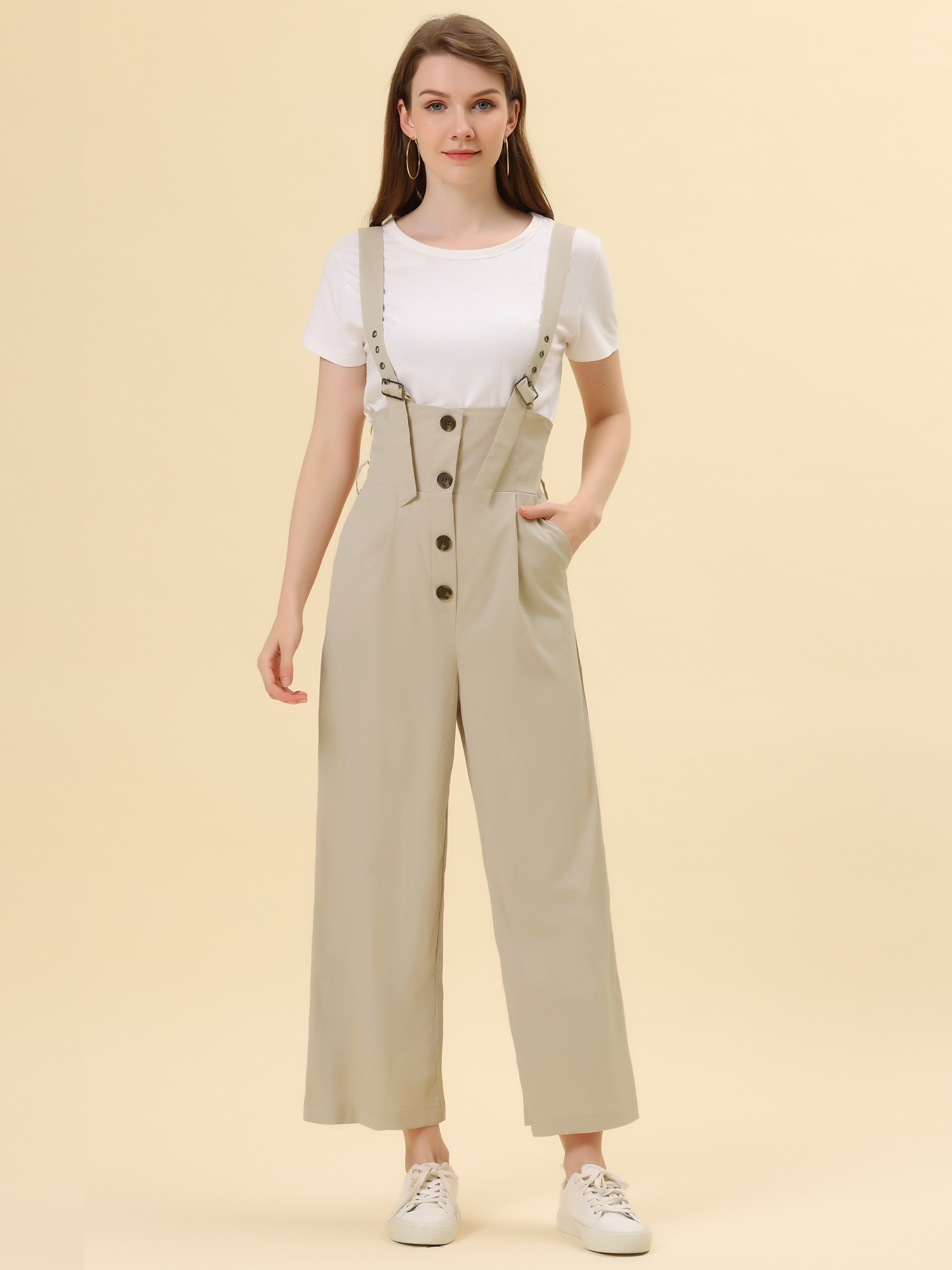 High Waist Wide Leg Belted Jumpsuit Button Long Overalls Beige/XL