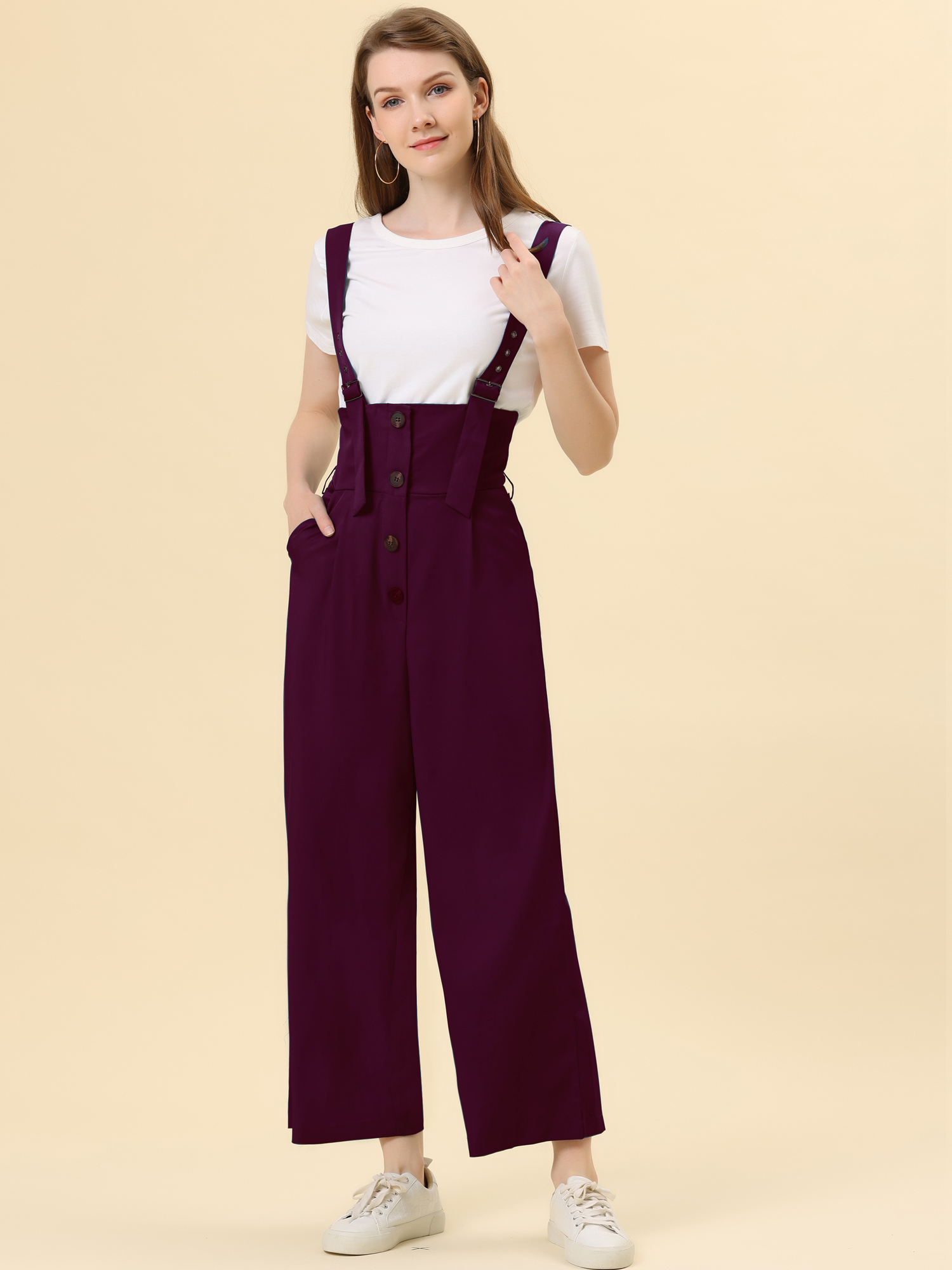 High Waist Wide Leg Belted Jumpsuit Button Long Overalls Purplish Red/XS