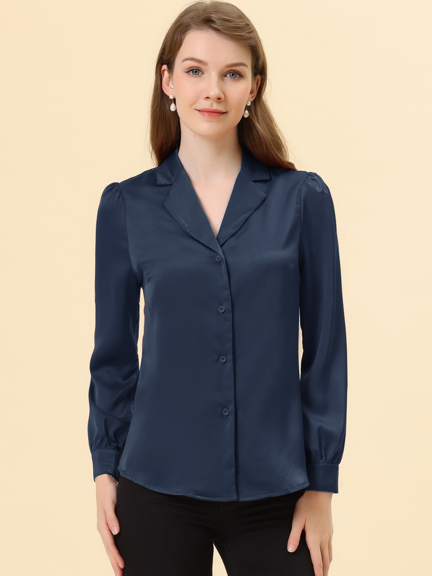 Long Sleeve Work Office Satin Button Down Shirt Dark Blue/XS