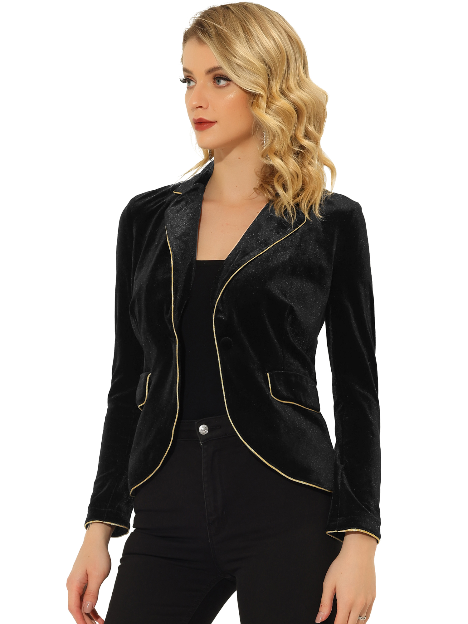 Suit Jacket Notched Lapel 1 Button Office Velvet Blazer Black/XL