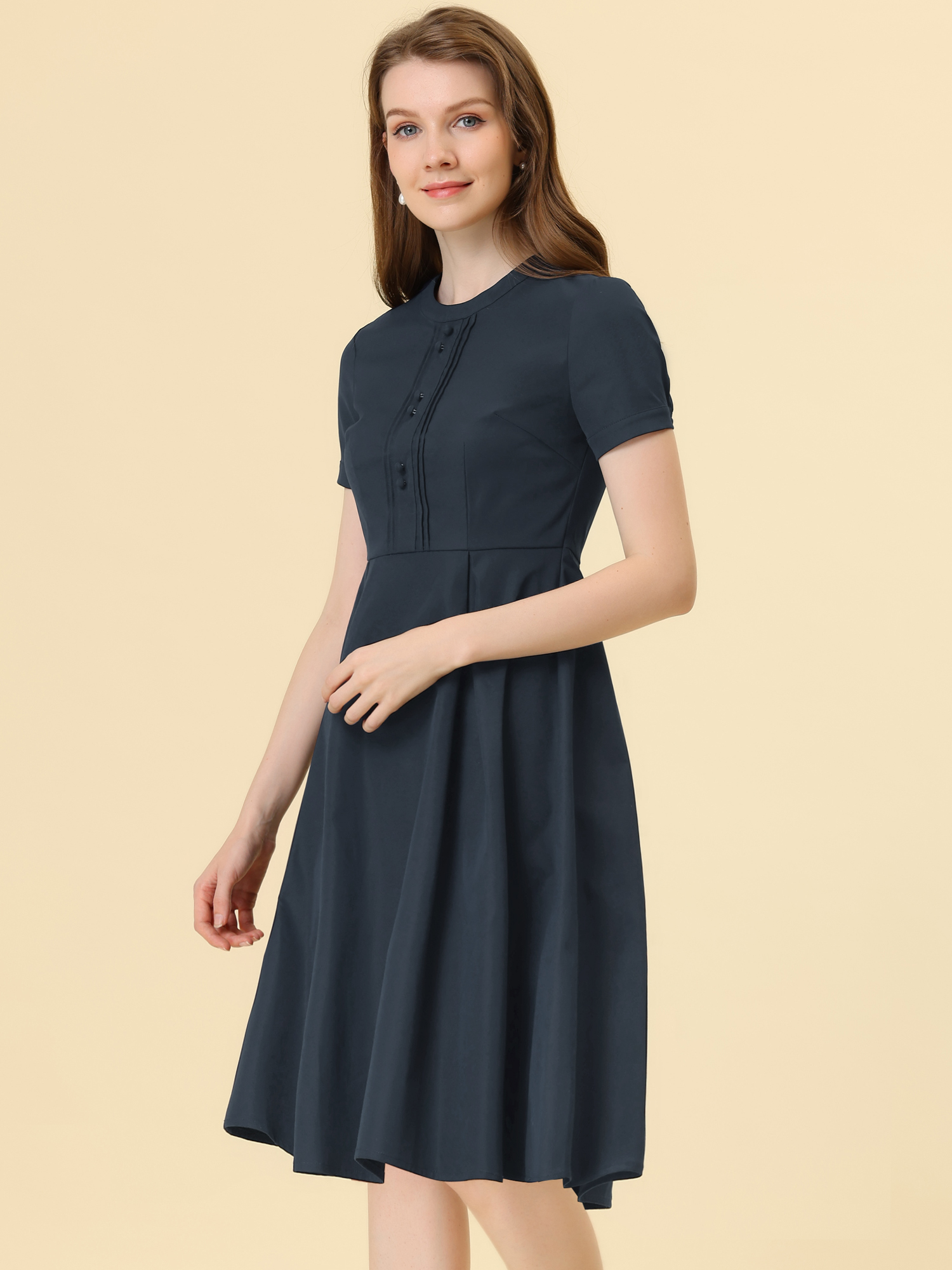 Vintage Round Neck Short Sleeve Pleated 1950s Midi Dress Navy Blue/XS