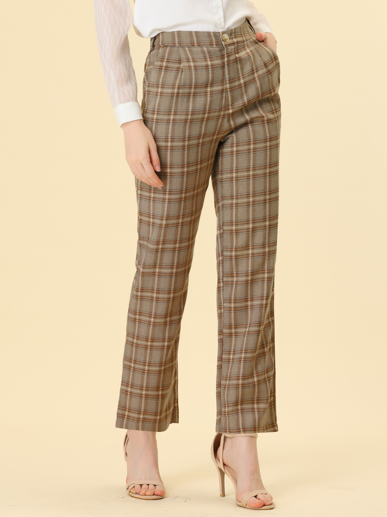 Plaid Pants Elastic Waist Casual Work Office Long Trousers Light Brown Beige/S