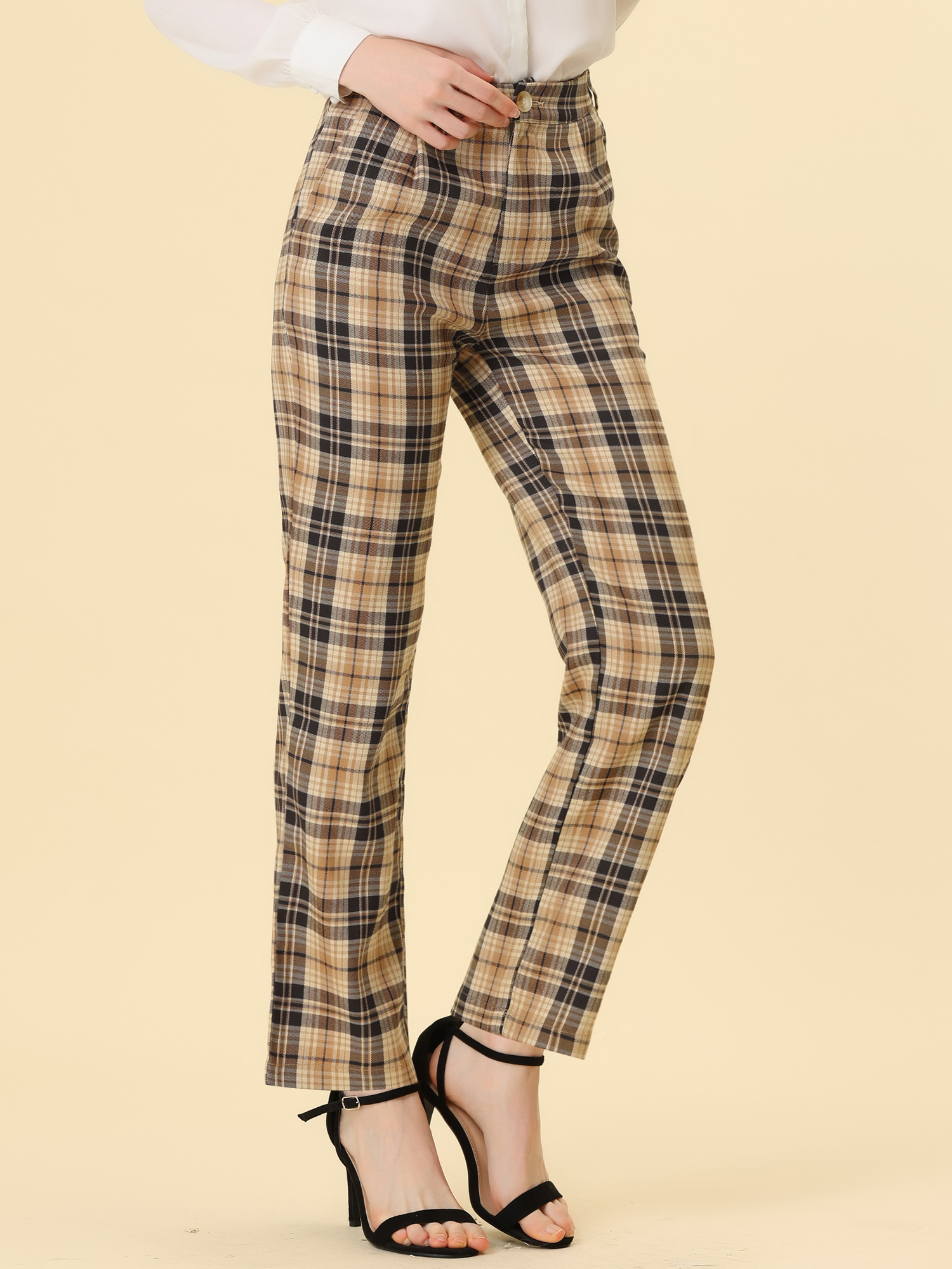 Plaid Pants Elastic Waist Casual Work Office Long Trousers Black Khaki/L