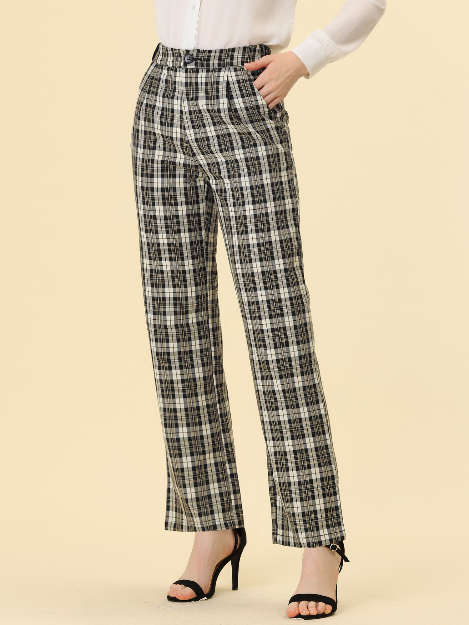 Plaid Pants Elastic Waist Casual Work Office Long Trousers Black Beige/XL