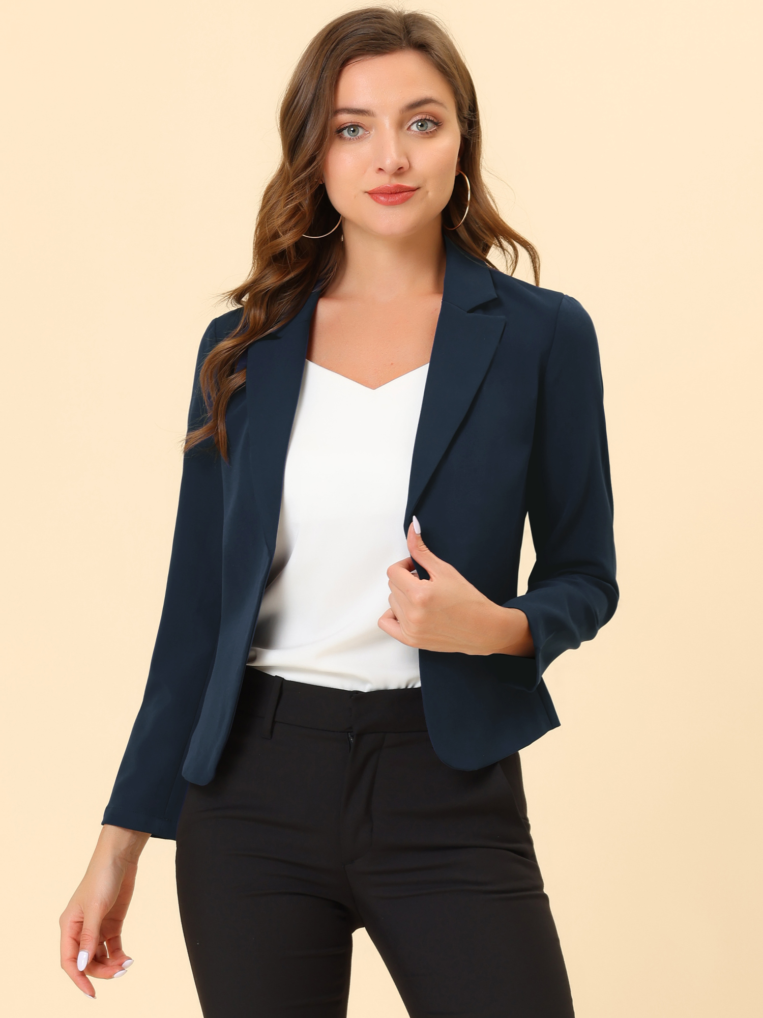 Open Front Office Work Business Crop Suit Blazer Jacket Dark Blue/S